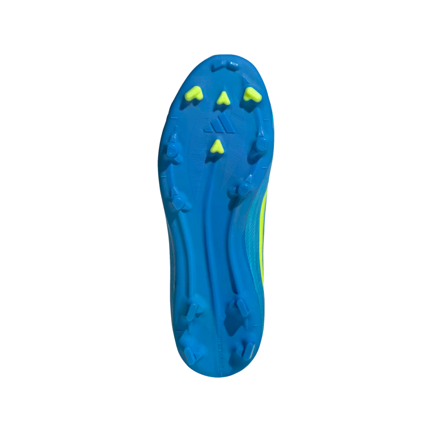 A bottom-up view of a bright blue soccer cleat soleplate with lime green chevron-shaped studs and the Adidas logo, centered against a black background.