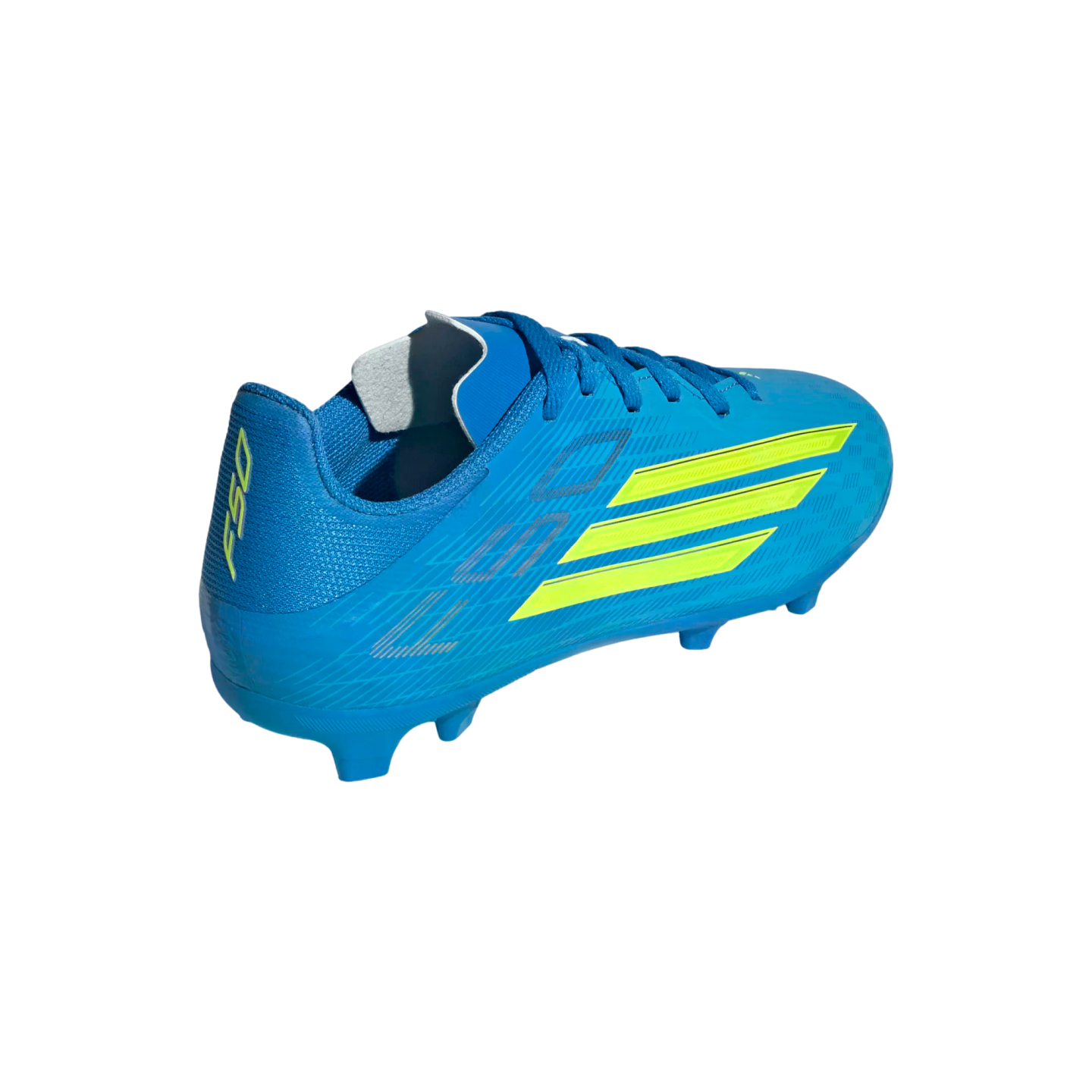 A bright blue soccer cleat viewed from a rear-side angle, featuring three neon yellow diagonal stripes on the side and "F50" in neon yellow on the heel.