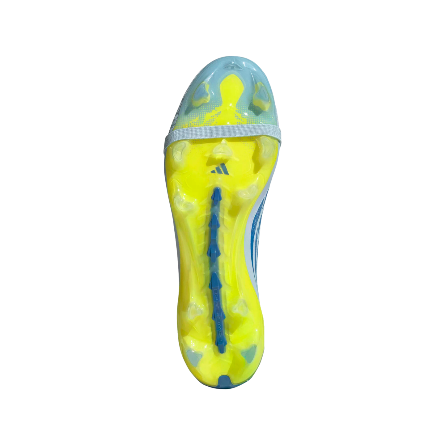 A studio shot from a top-down perspective of the bright yellow and translucent blue soleplate of an Adidas soccer cleat against a black background. The soleplate features various studs, a blue Adidas logo, a light grey band across the forefoot, and a blue central spine labeled "POWERSPINE."