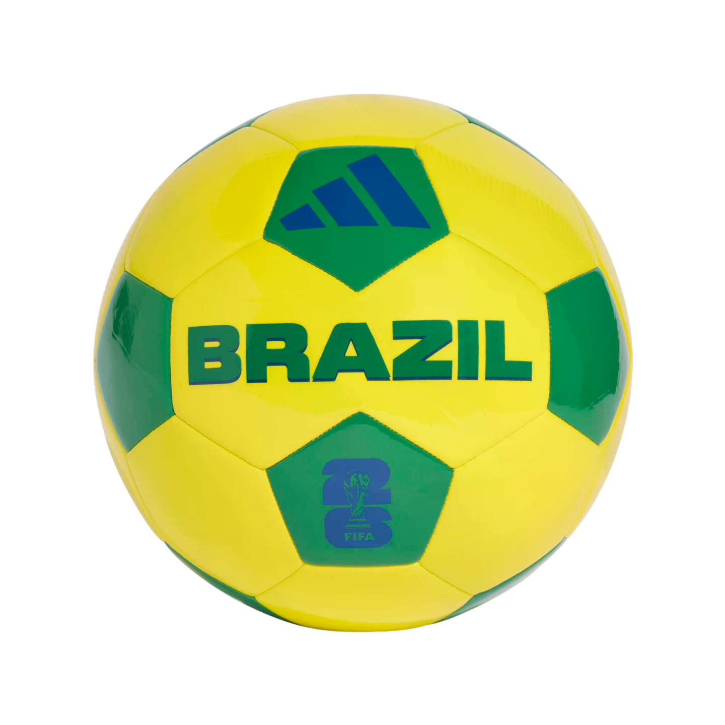 A yellow and green soccer ball is centered against a solid black background. The ball features the word "BRAZIL" in large green capital letters across its middle. Above the text is a blue Adidas logo on a green panel, and below it is a blue FIFA World Cup 26 logo on another green panel. The ball's surface is composed of yellow panels accented with green pentagonal and hexagonal sections.