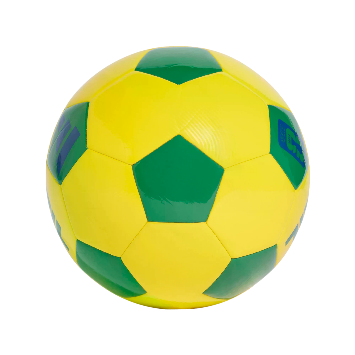A yellow and green soccer ball centered against a solid black background. The ball features a classic pattern of green pentagonal panels and yellow hexagonal panels. A small blue logo is visible on one of the green panels on the right side. The ball has a glossy, reflective finish.