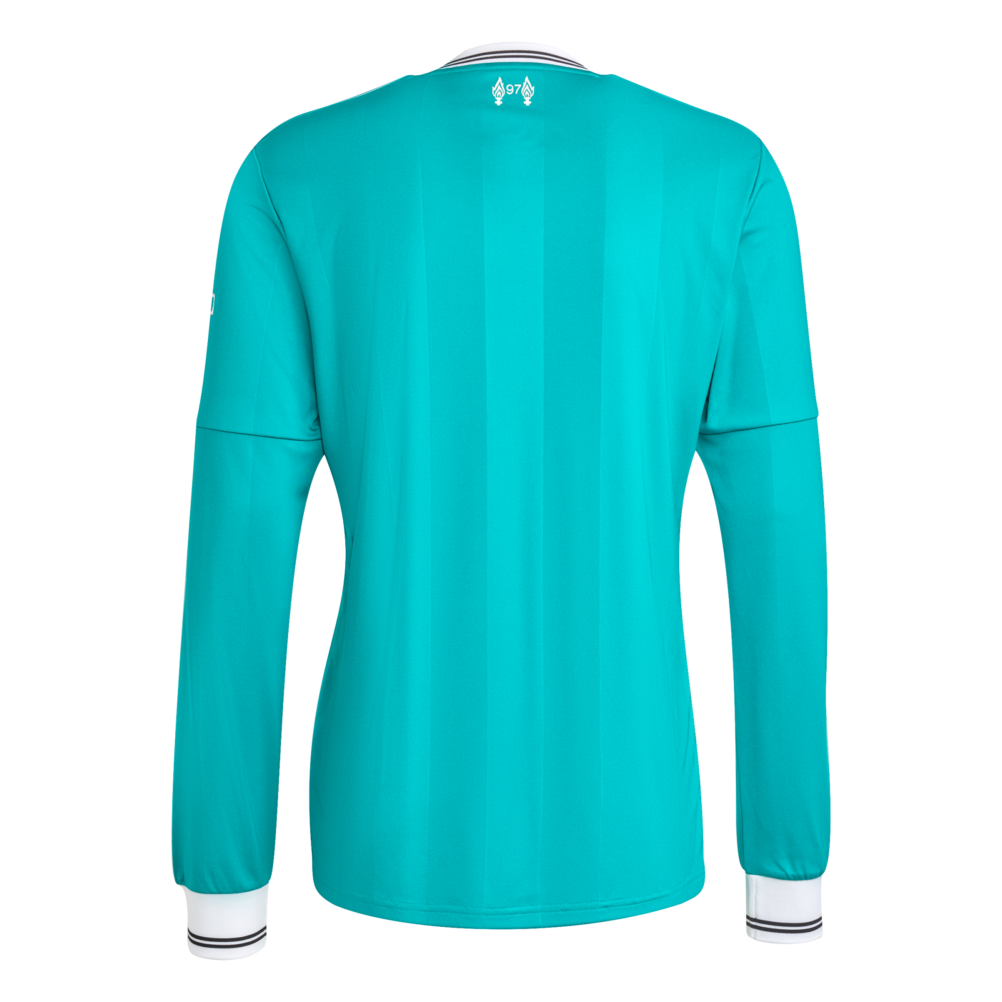 Back of a teal long-sleeved jersey with subtle vertical stripes, white and black striped collar and cuffs, and a small '97' memorial emblem on the back neck.