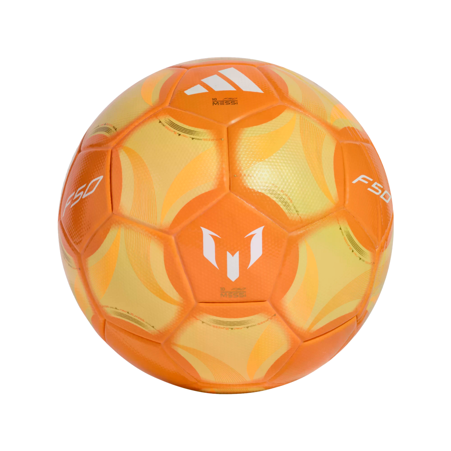 An orange and yellow Adidas F50 soccer ball featuring the Lionel Messi logo, set against a black background.