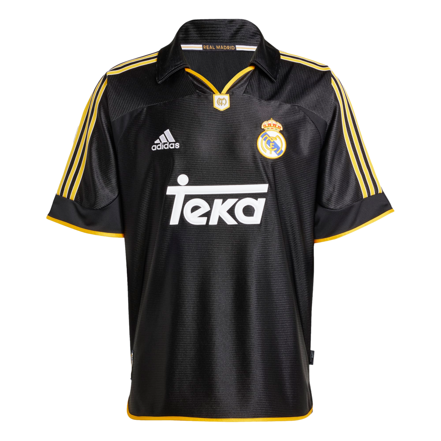 A black Adidas Real Madrid away soccer jersey with yellow accents. It features the club crest on the left chest, a white Adidas logo on the right, and a large white "Teka" sponsor logo across the center. The jersey has a polo-style collar with yellow trim and yellow three-stripes running down the sleeves.