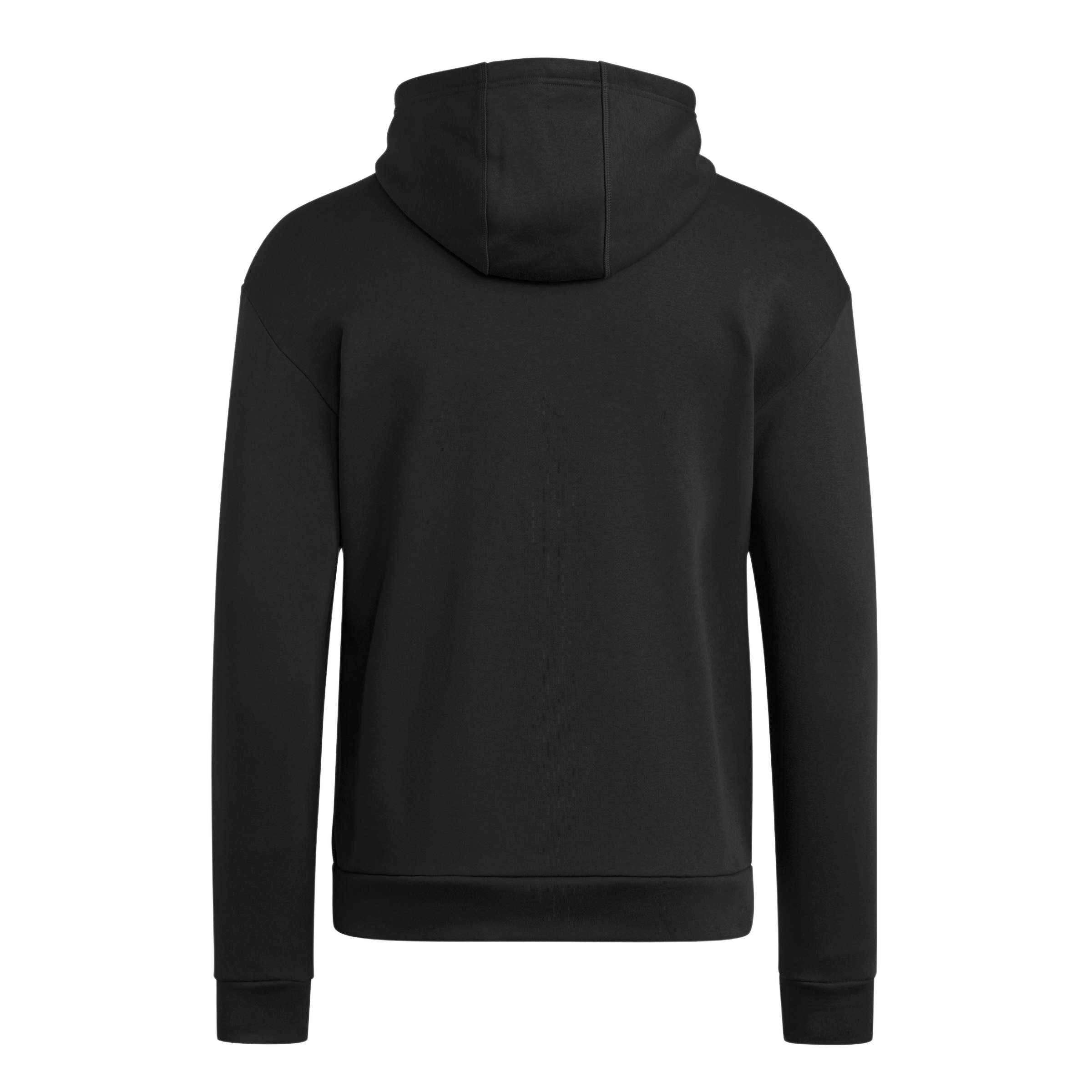 Rear view of a plain black hooded sweatshirt with long sleeves and ribbed trim against a light gray background.
