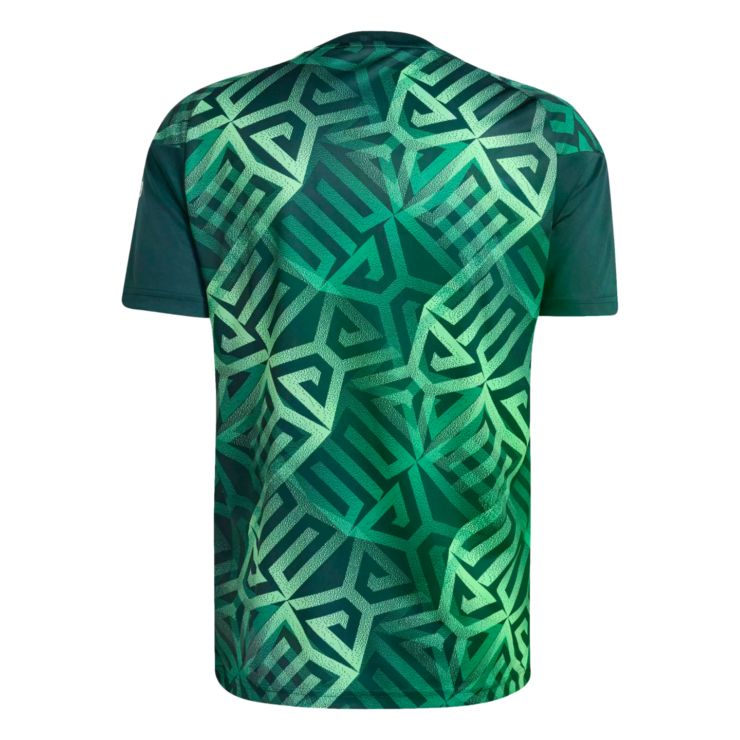 Back view of a short-sleeved jersey with an intricate geometric pattern in shades of emerald and lime green. Solid dark green sleeves.