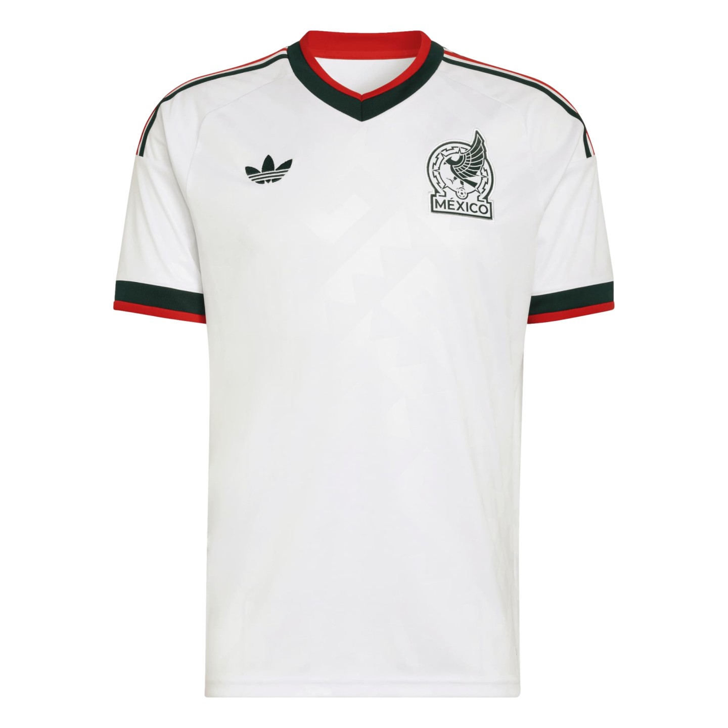 White Adidas Mexico national team football jersey with green and red trim on the collar and sleeves, featuring the team crest and a black trefoil logo.
