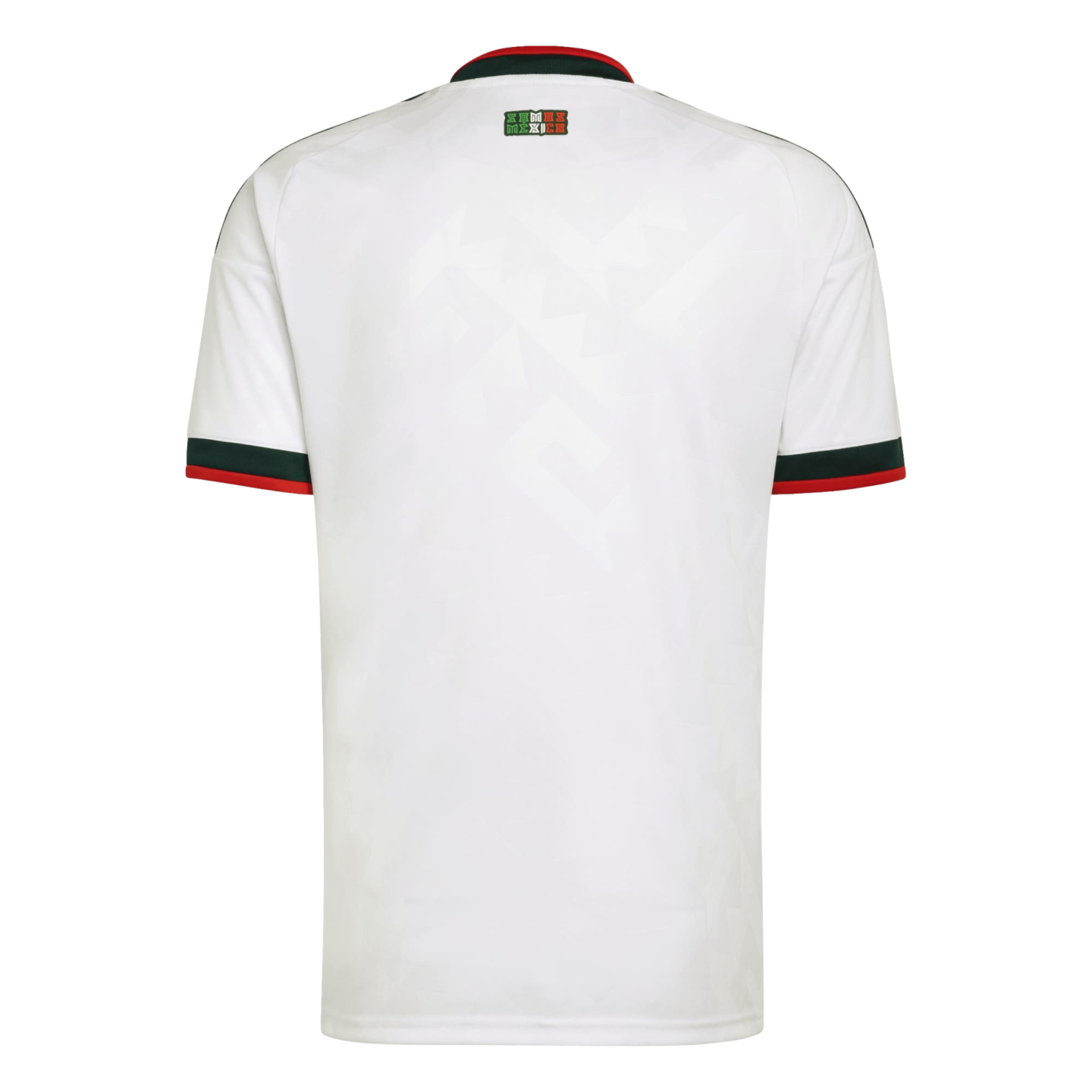 Back view of a white soccer jersey with a tonal geometric pattern and red and green trim on the collar and sleeves. A small 'SOMOS MÉXICO' logo is on the upper back.