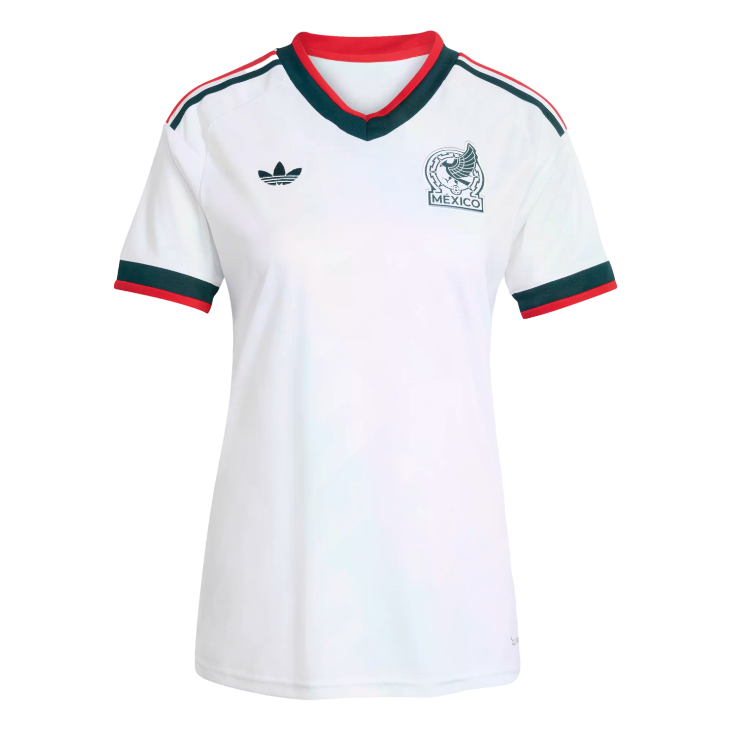 A white Mexico national team soccer jersey with dark green and red accents. The V-neck collar and sleeve cuffs are trimmed in dark green and red. Dark green stripes run along the shoulders, and the chest features a black Adidas Trefoil logo on the right and the Mexico national team crest on the left.