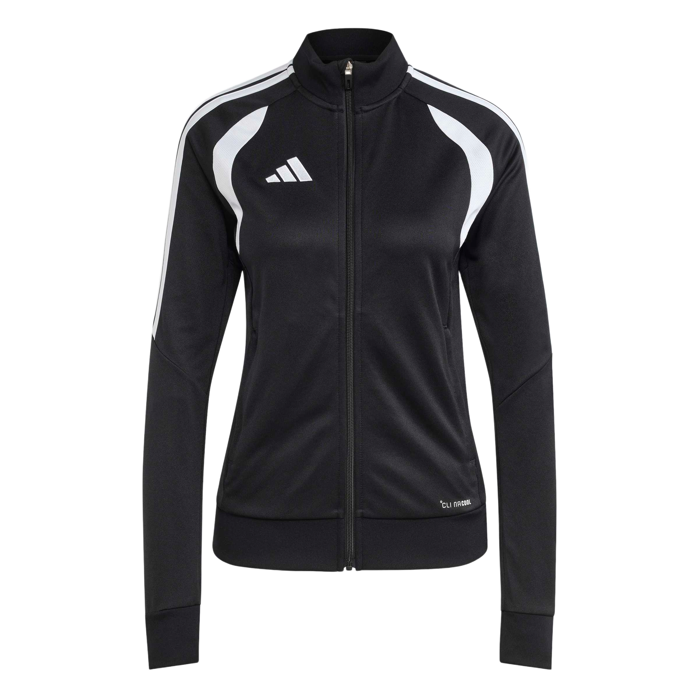 Front view of a black Adidas zip-up track jacket featuring white shoulder panels and the signature three white stripes on the sleeves.