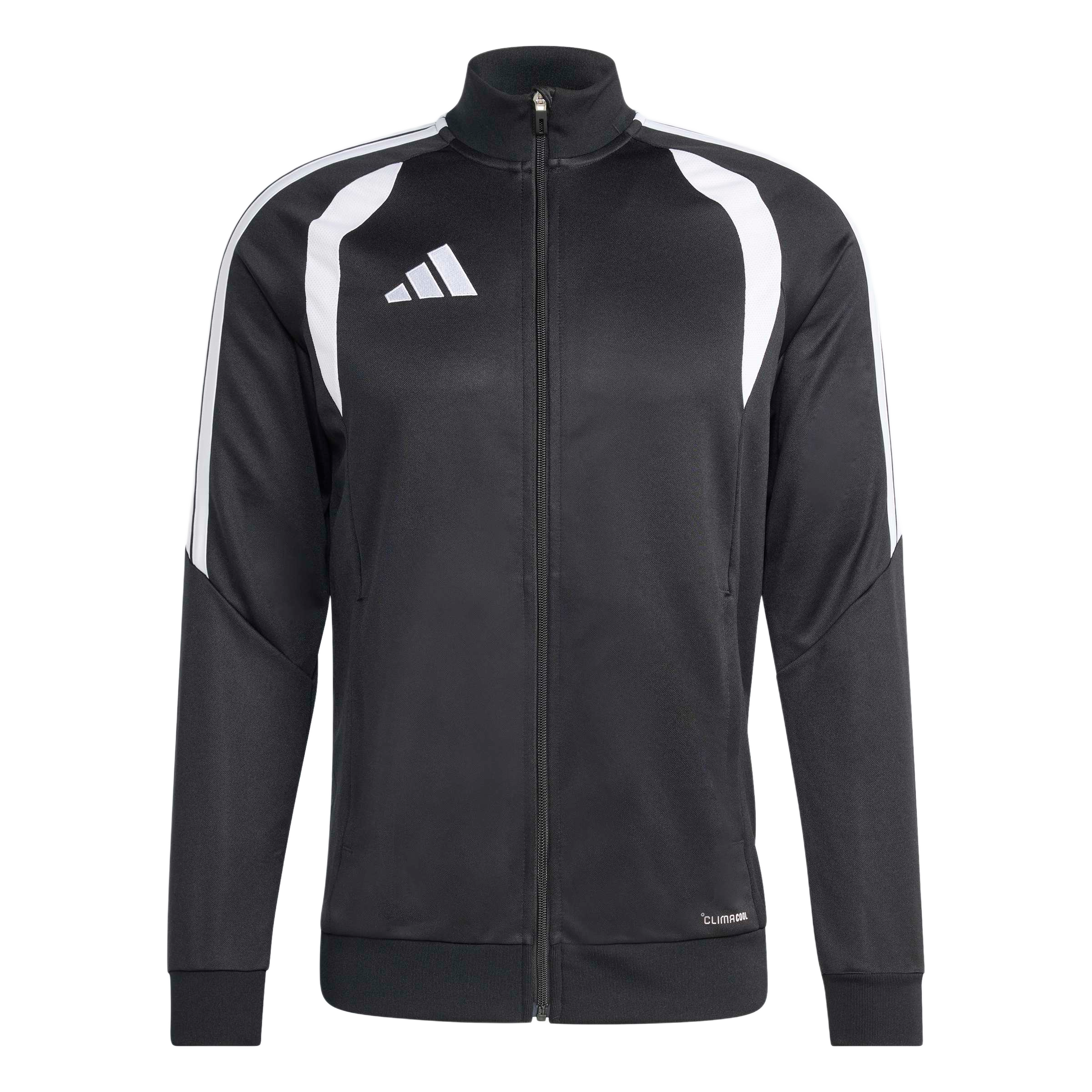 A black Adidas track jacket with white shoulder accents, sleeve stripes, and logo. Features a full front zipper and CLIMACOOL branding.
