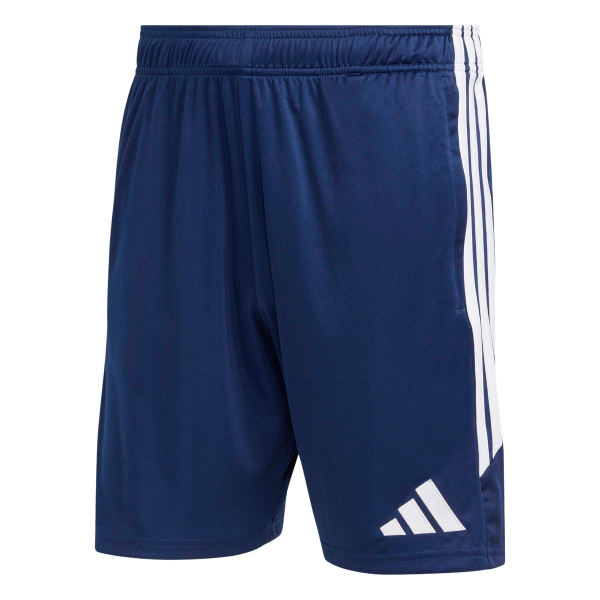 Navy blue athletic shorts featuring three white stripes along the side and a white Adidas logo on the lower leg.