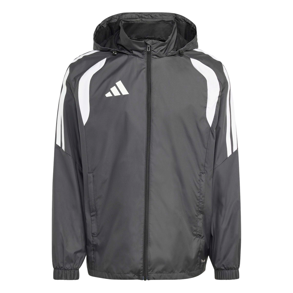 A dark grey Adidas hooded windbreaker with white shoulder panels and three stripes on the sleeves.