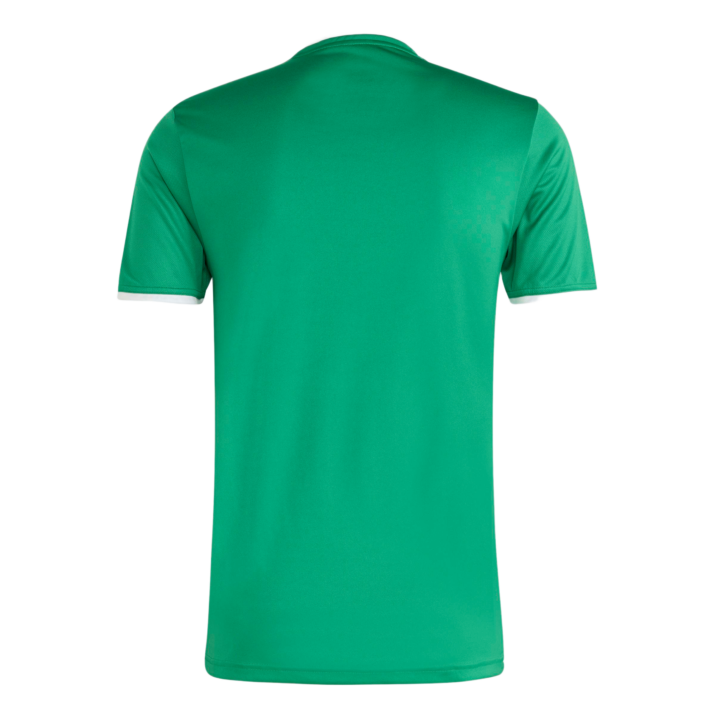 Back view of a short-sleeved green athletic jersey with white trim at the collar and sleeve cuffs.