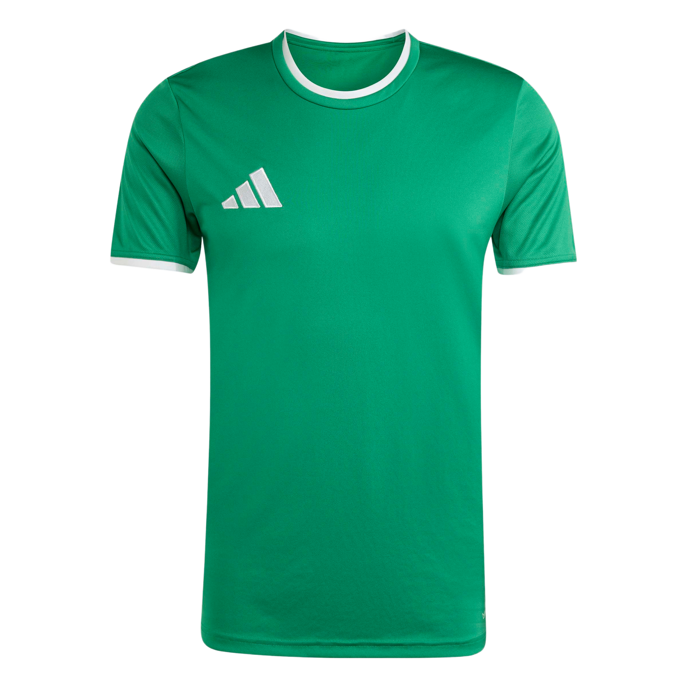 Green short-sleeved athletic shirt featuring white trim on the neck and cuffs and a white Adidas logo on the right chest.