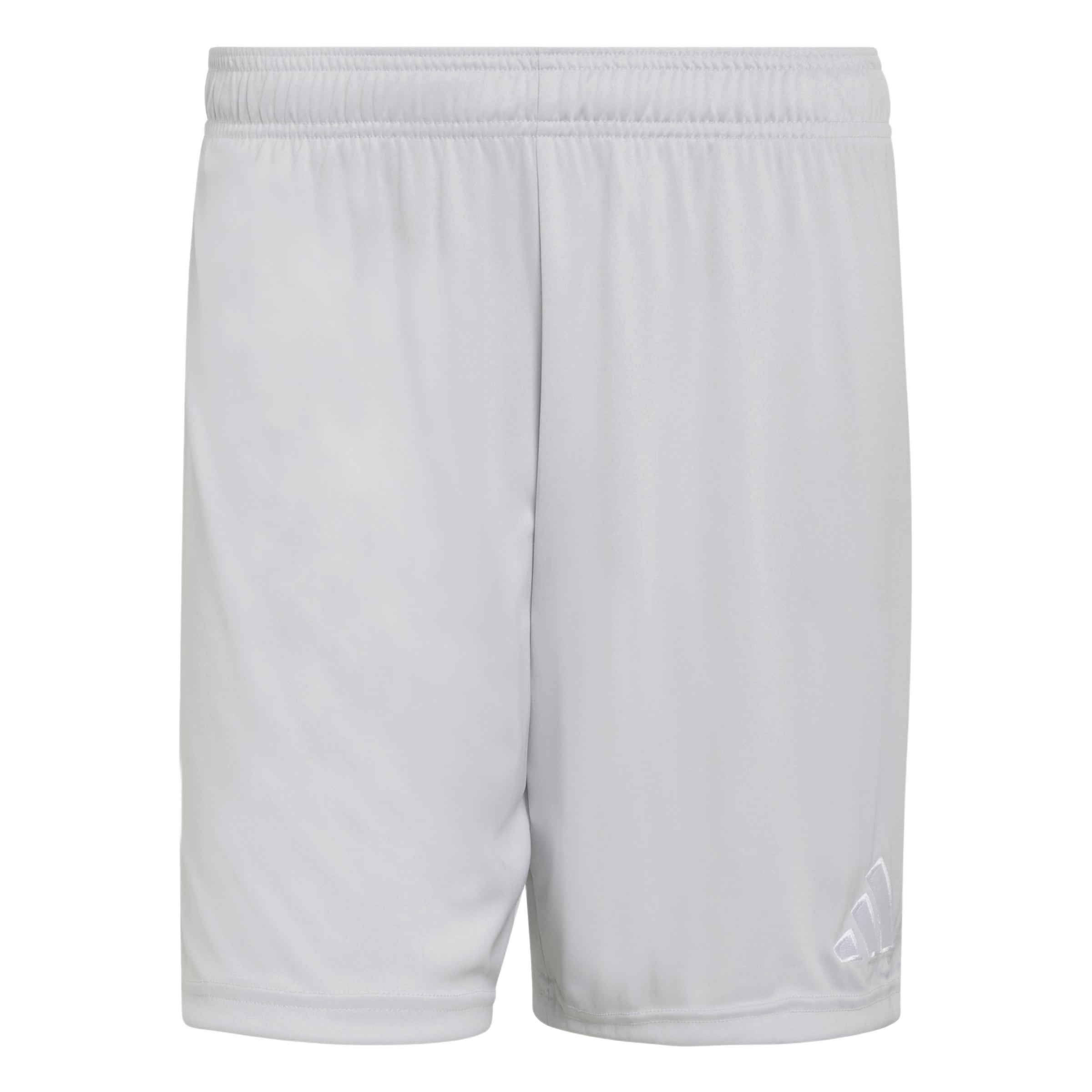 Pair of white athletic shorts with an elasticated waistband and a small tonal logo on the bottom corner of the left leg.