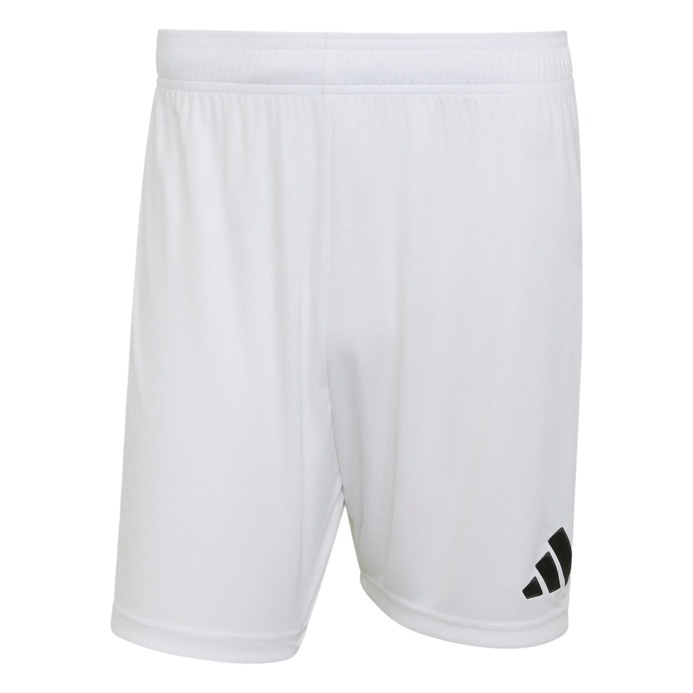 White Adidas athletic shorts with an elastic waistband and a black logo on the lower leg.