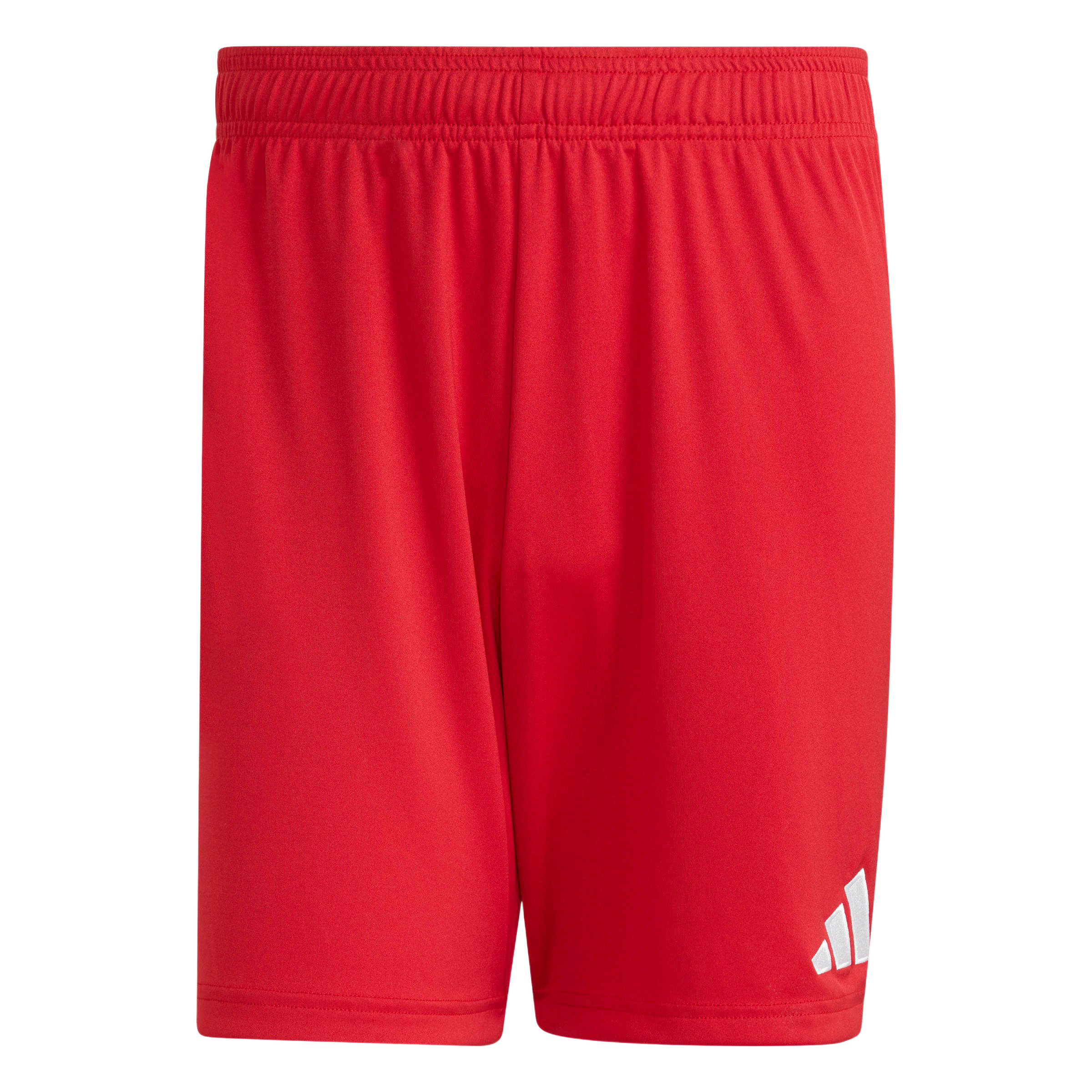 Bright red Adidas athletic shorts with an elastic waistband and a white three-bar logo on the bottom left leg.
