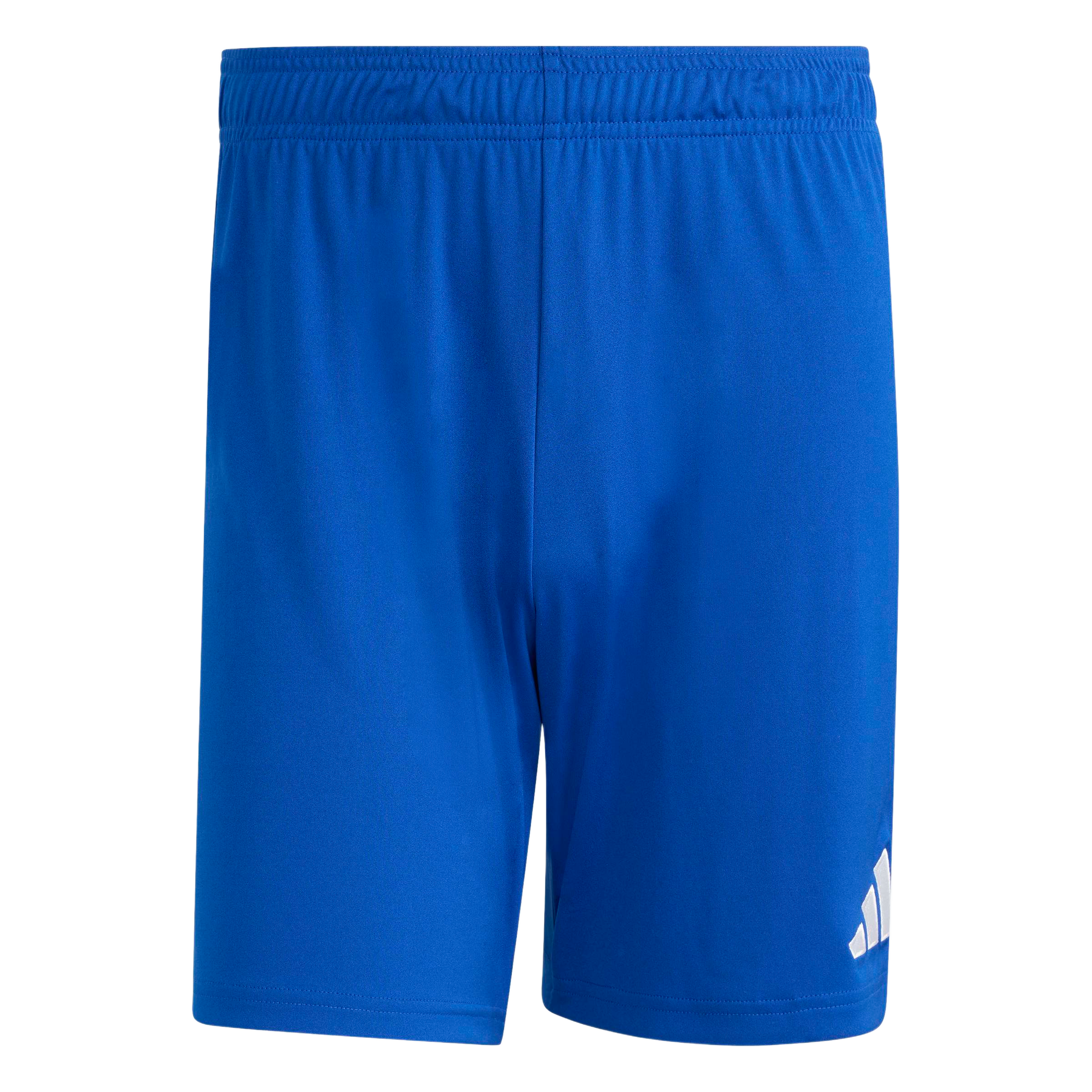 Royal blue Adidas athletic shorts featuring an elastic waistband and a white logo on the lower leg.