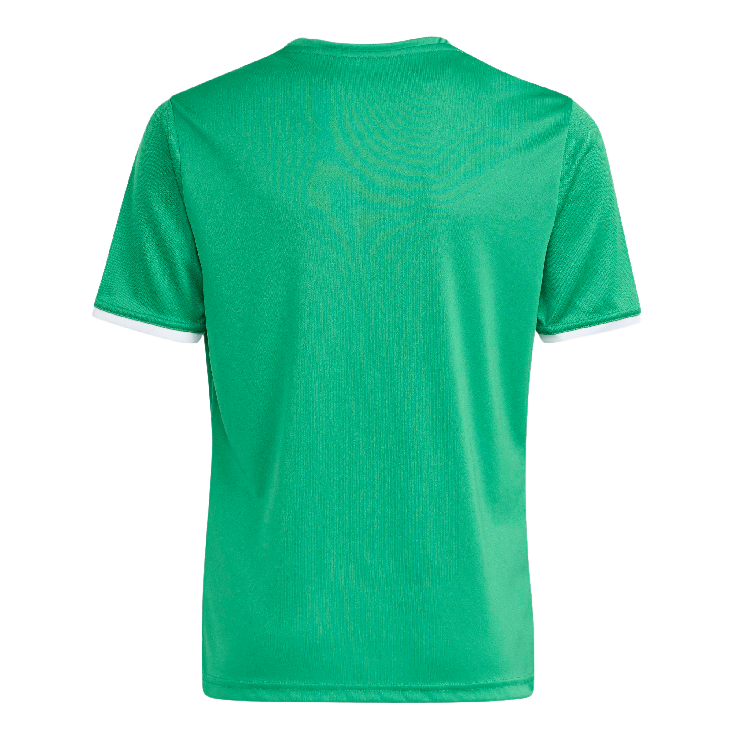 Rear view of a green short-sleeved sports jersey with white trim on the collar and sleeve cuffs against a light gray background.