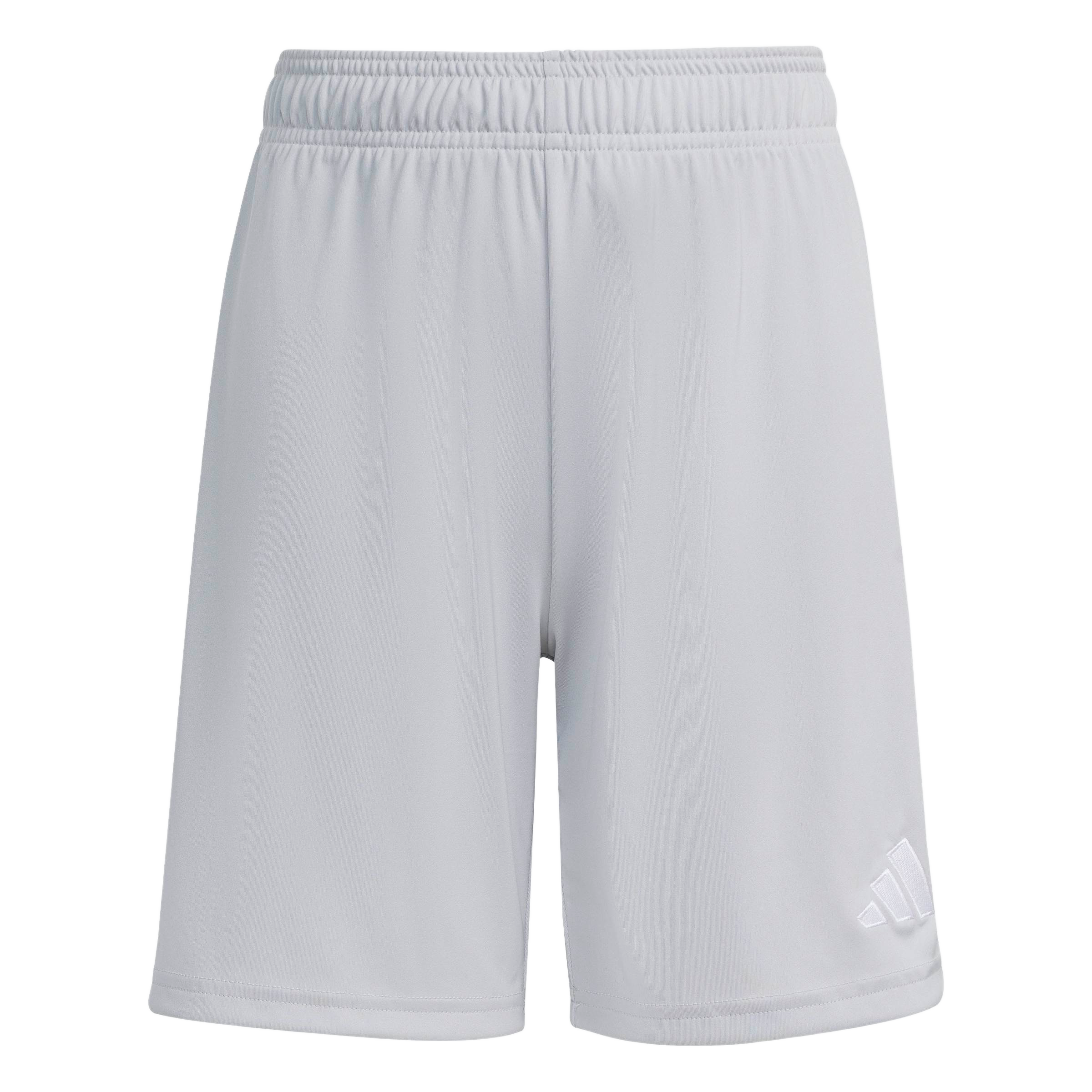 Light gray athletic shorts with an elastic waistband and a white Adidas logo on the lower left leg, centered against a plain gray background.