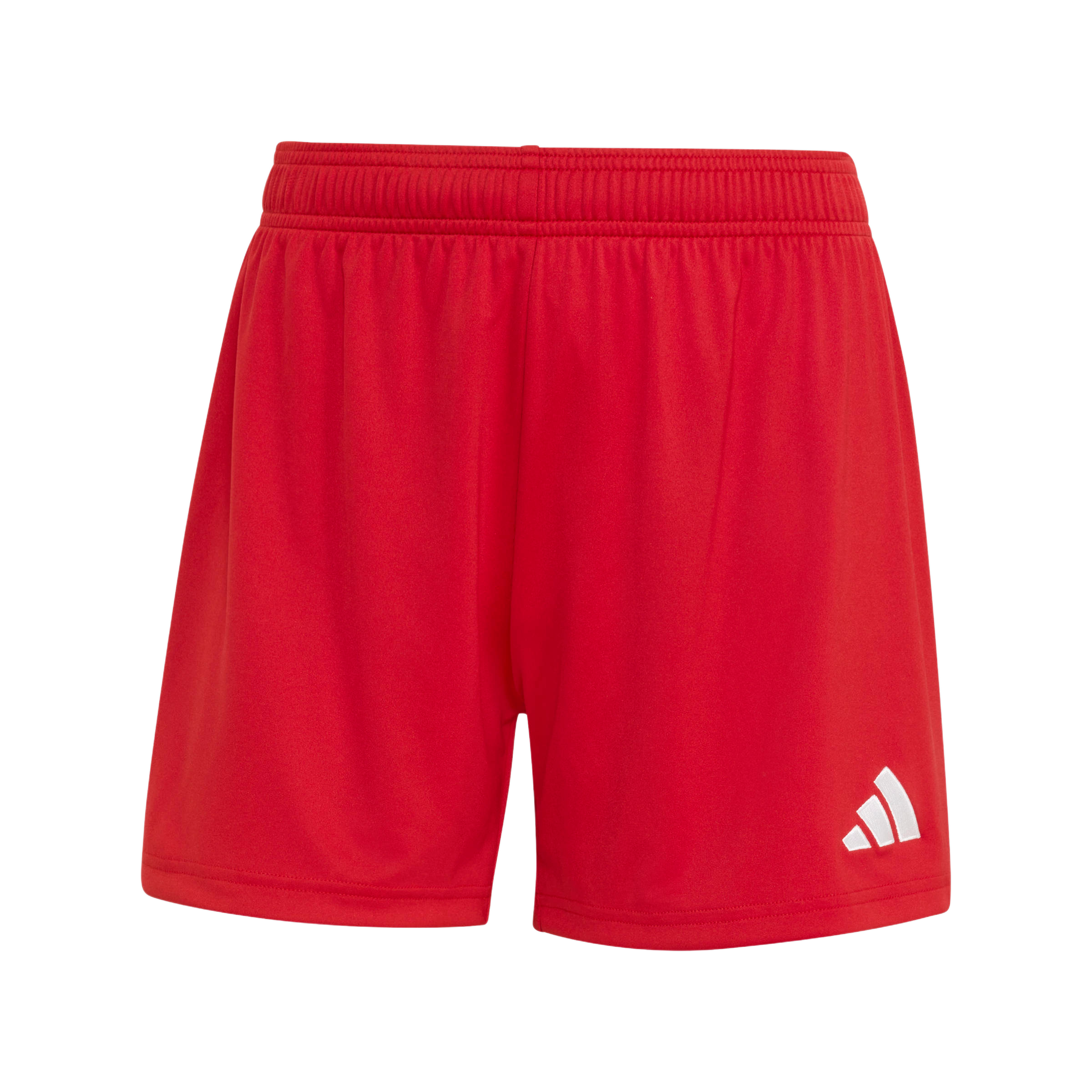 Front view of red Adidas athletic shorts with an elastic waistband and a white logo on the lower right leg.