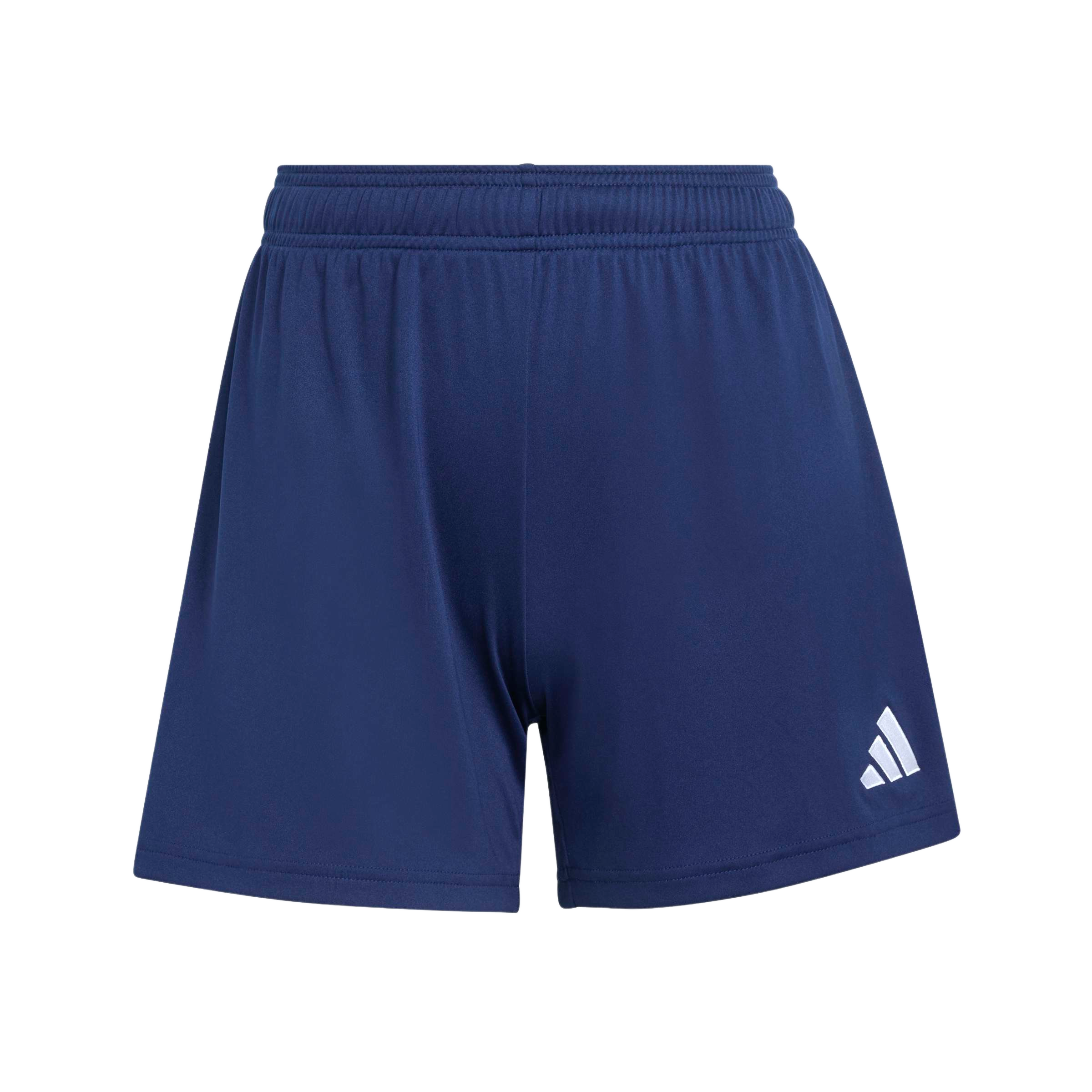 Navy blue athletic shorts with an elastic waistband and white Adidas logo on the left leg, centered against a light grey background.