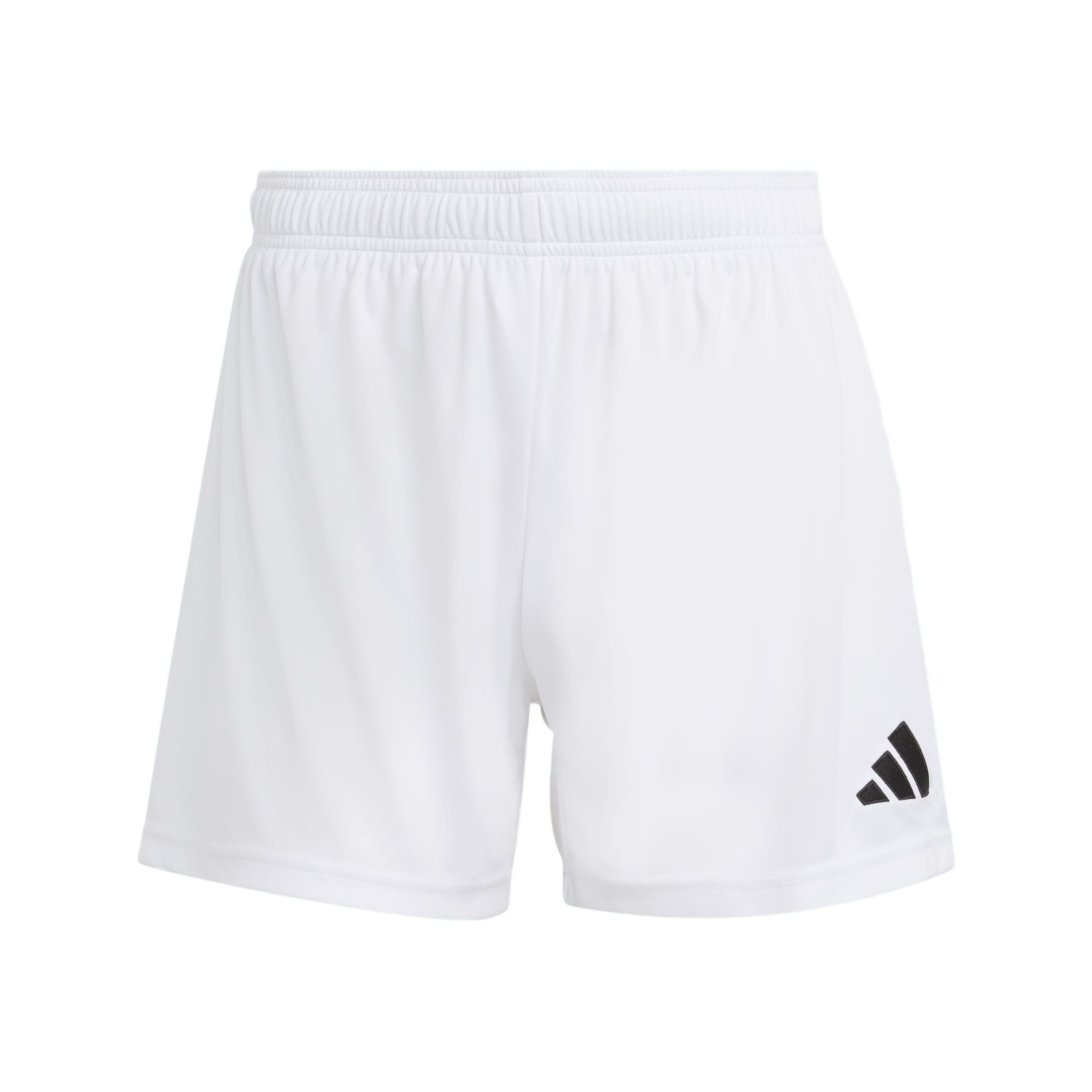 White athletic shorts with an elastic waistband and a black Adidas logo on the lower right leg.