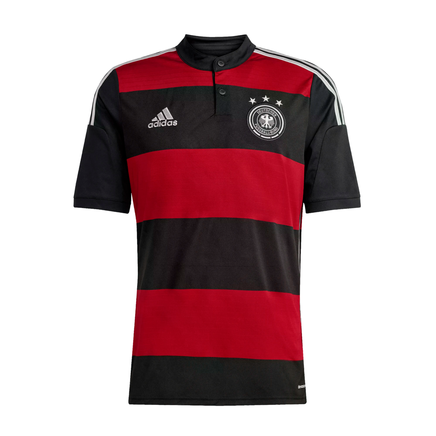 Adidas Germany national team soccer jersey with red and black horizontal stripes, a black button-up collar, and the team crest with four stars.