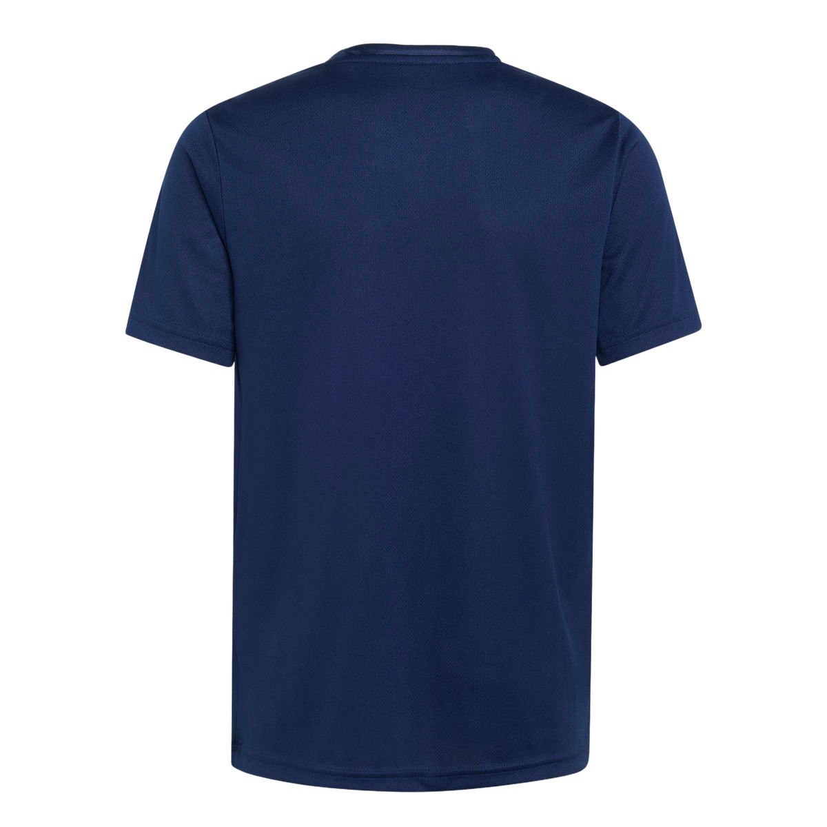 Back view of a navy blue short-sleeved sports shirt with a textured mesh pattern and a white inner collar detail, shown against a plain light grey background.
