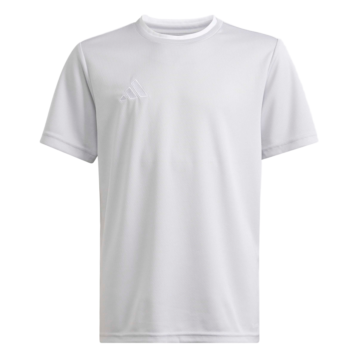 Light grey short-sleeved mesh t-shirt featuring a white outlined Adidas logo on the chest.