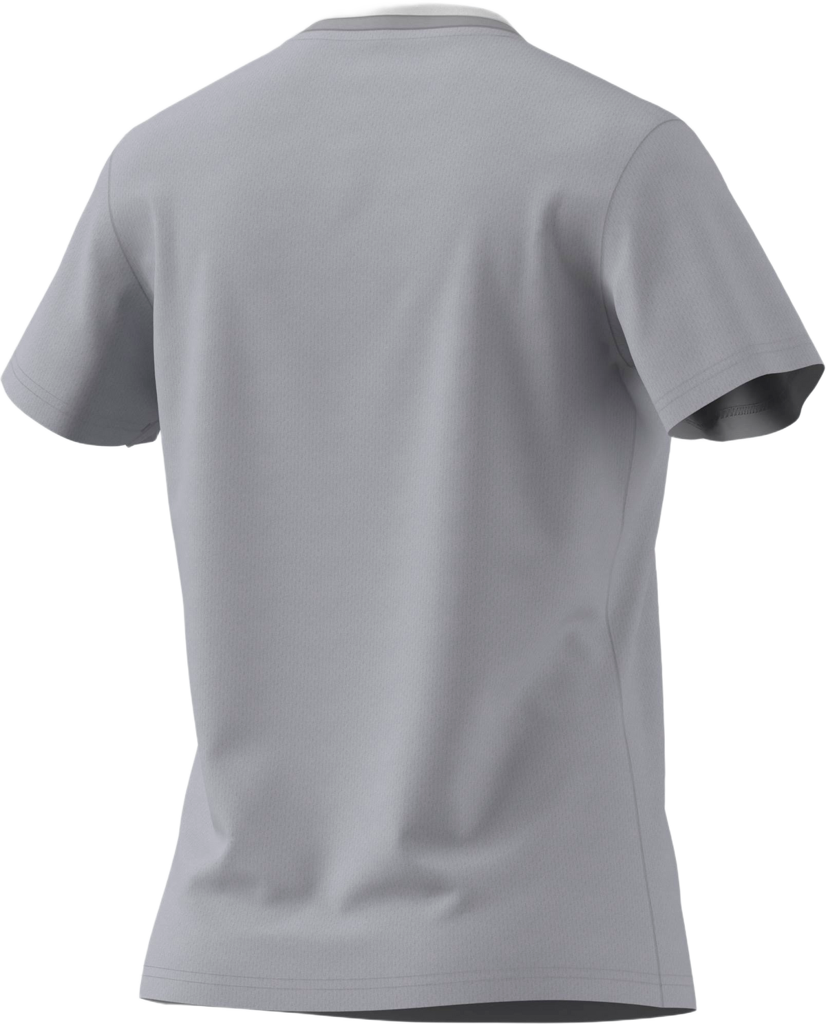 The back view of a light gray, short-sleeved athletic t-shirt.