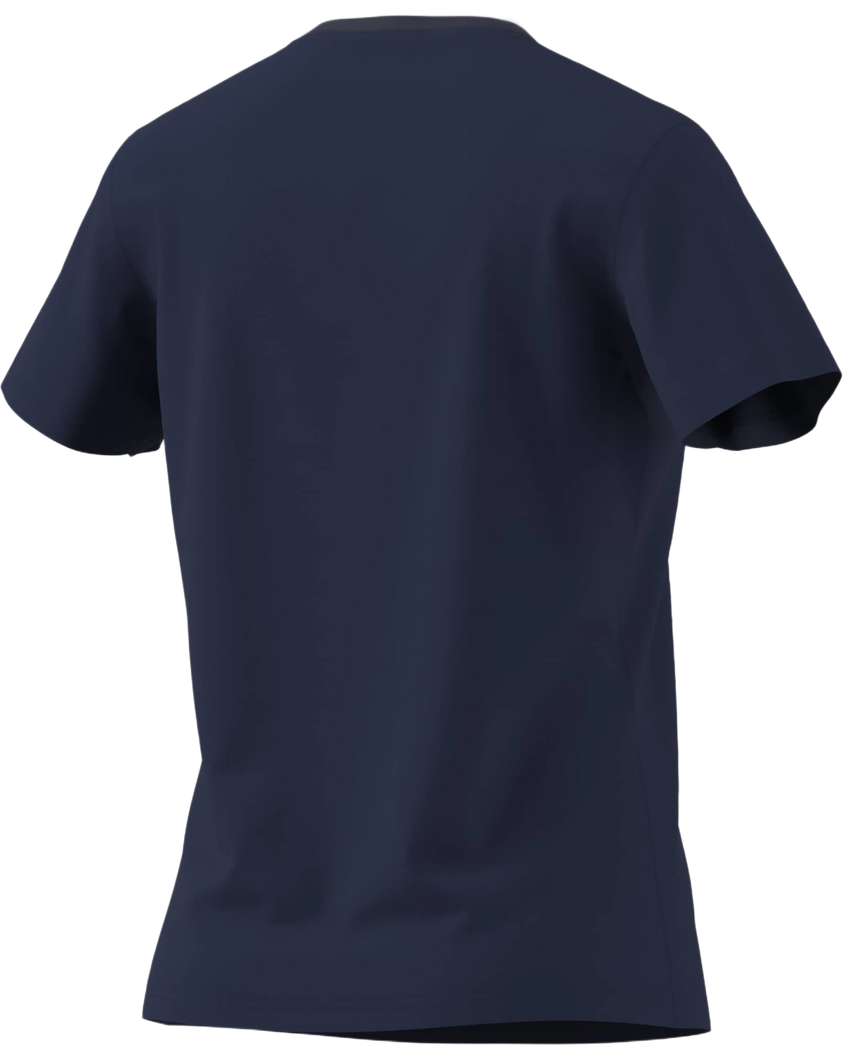Back view of a navy blue short-sleeved t-shirt with a white crew neckline.