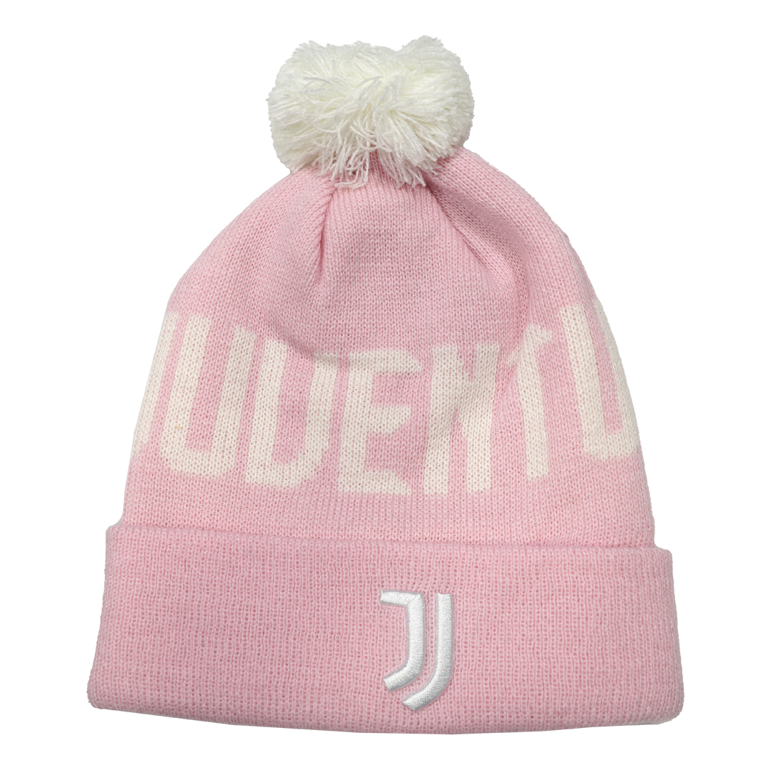 Pink Juventus knit beanie with a white pom-pom and embroidered JJ logo on the cuff.
