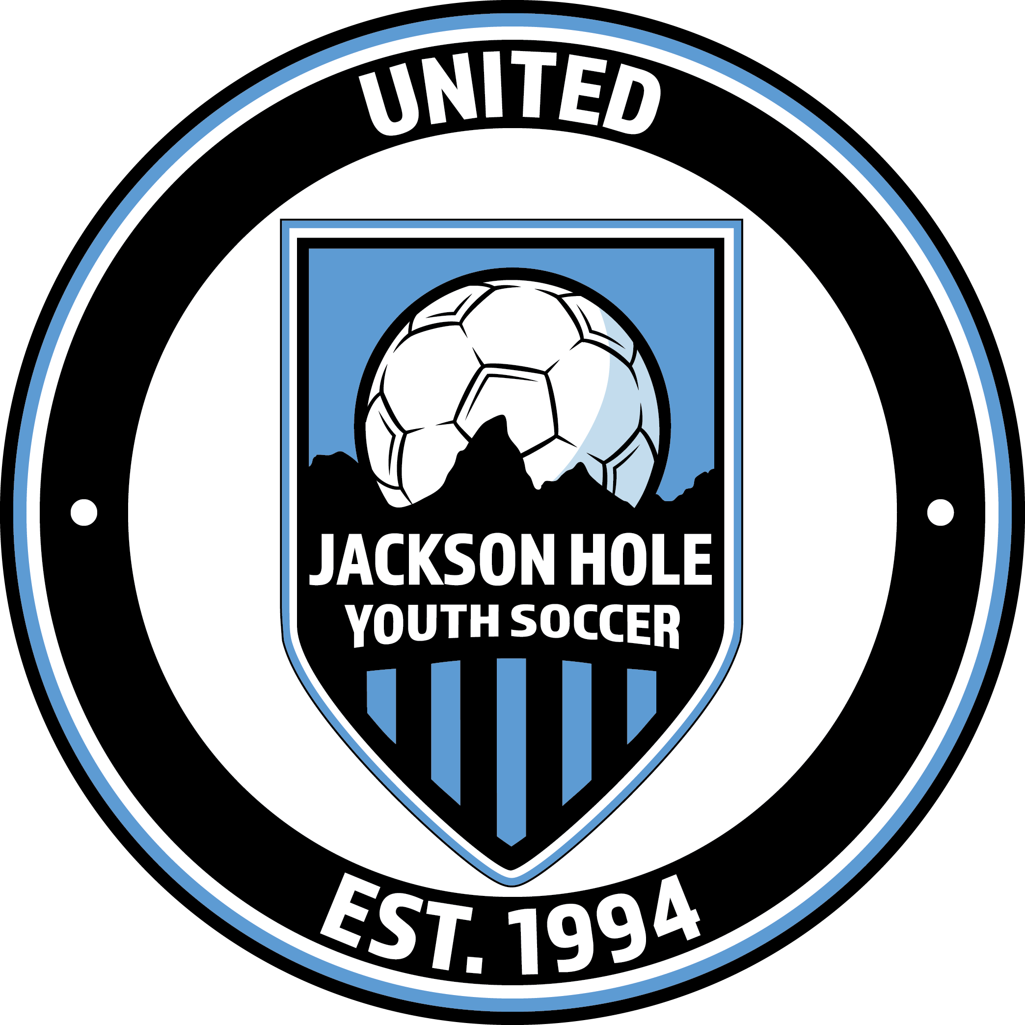 Jackson Hole Youth Soccer United circular logo, EST. 1994. A central shield depicts a soccer ball over a mountain range and vertical blue and black stripes.