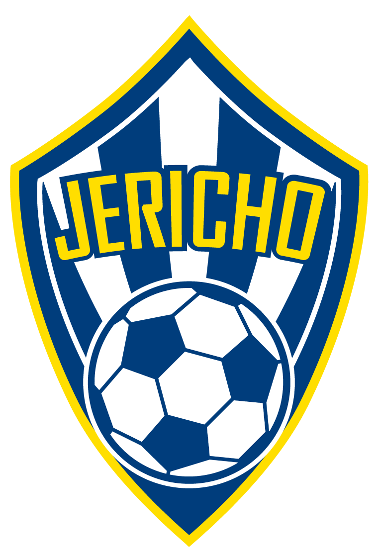 A blue and yellow shield-shaped logo with the word "JERICHO" arched over a soccer ball and radiating blue and white stripes.