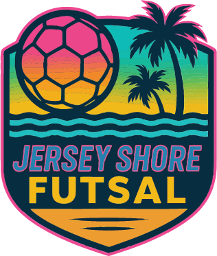 Jersey Shore Futsal logo featuring a sunset-colored soccer ball, palm trees, and ocean waves in a teal and pink shield shape.