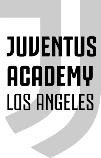 Juventus Academy Los Angeles logo featuring bold black text over a large, light gray stylized "J" emblem.