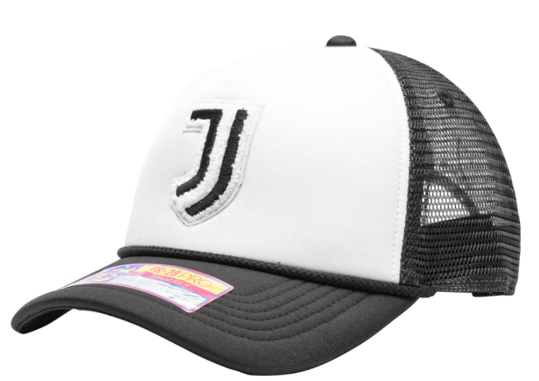 A black and white trucker cap featuring a stylized black "J" logo on a white front panel, black mesh back, and black curved brim.