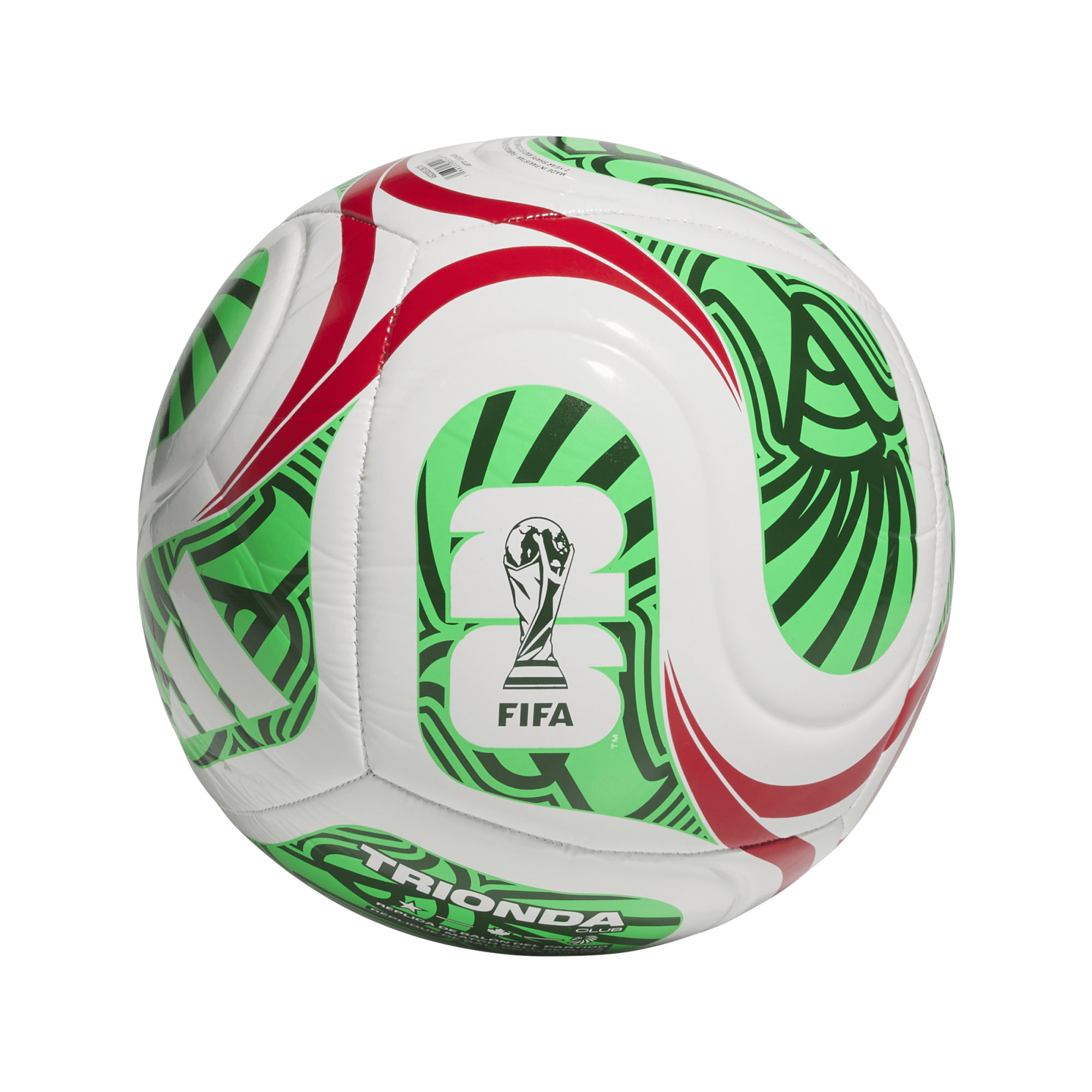 White soccer ball with green and red swirling patterns, featuring the FIFA World Cup 2026 logo and "TRIONDA CLUB" text against a black background.