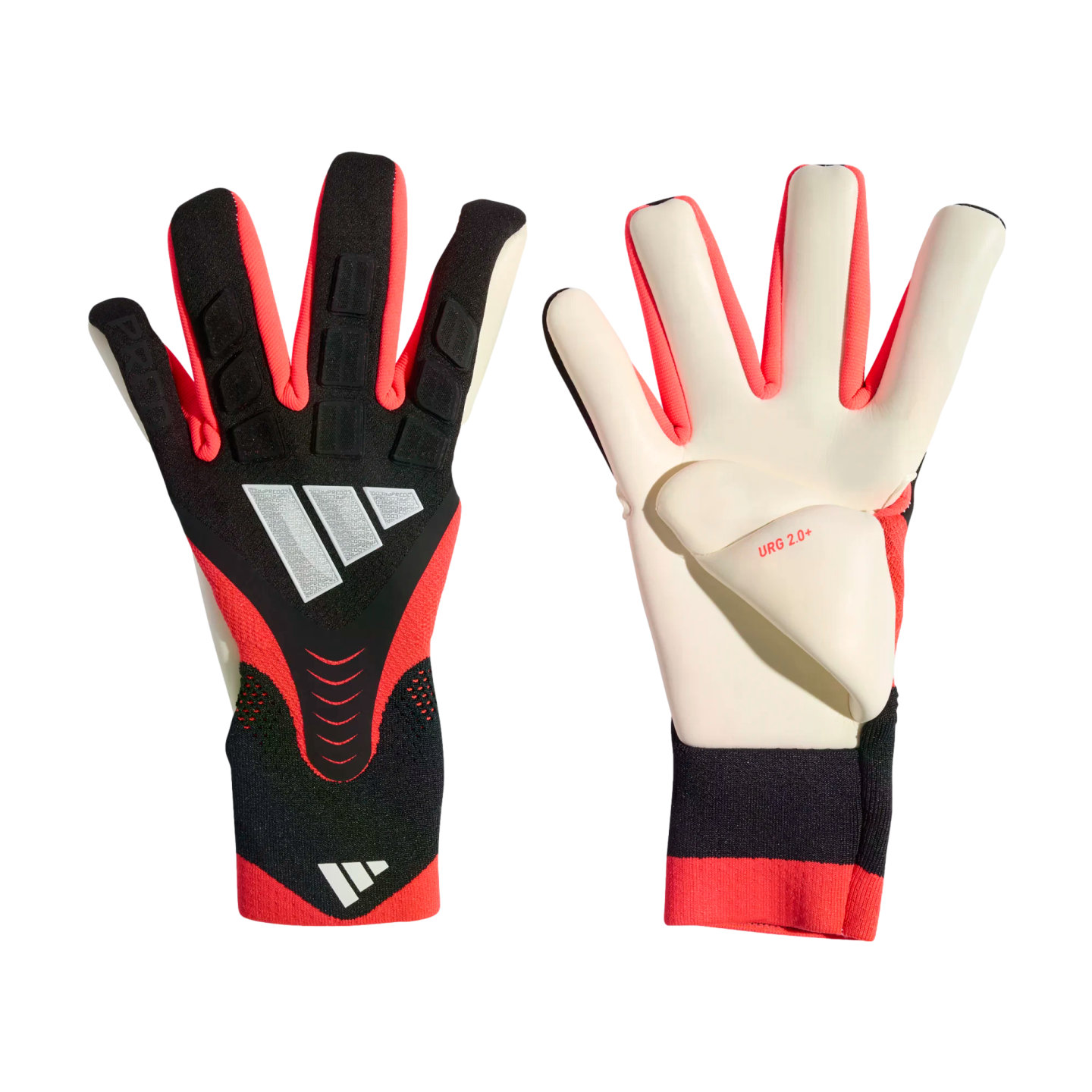 Adidas goalkeeper gloves in black, red, and white, showing both the textured backhand and the white palm with "URG 2.0+" branding.