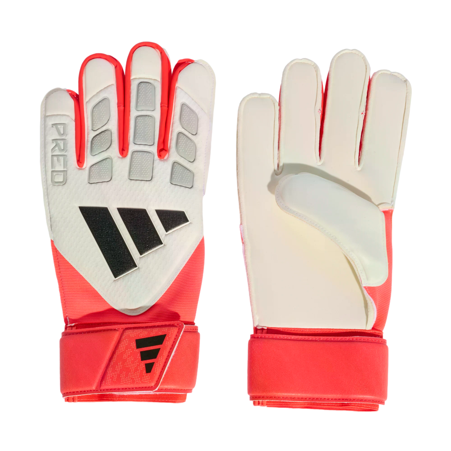 Front and back view of Adidas goalkeeper gloves in white and coral. Features black logo branding on a textured backhand and a smooth white palm, both with coral wrist straps.
