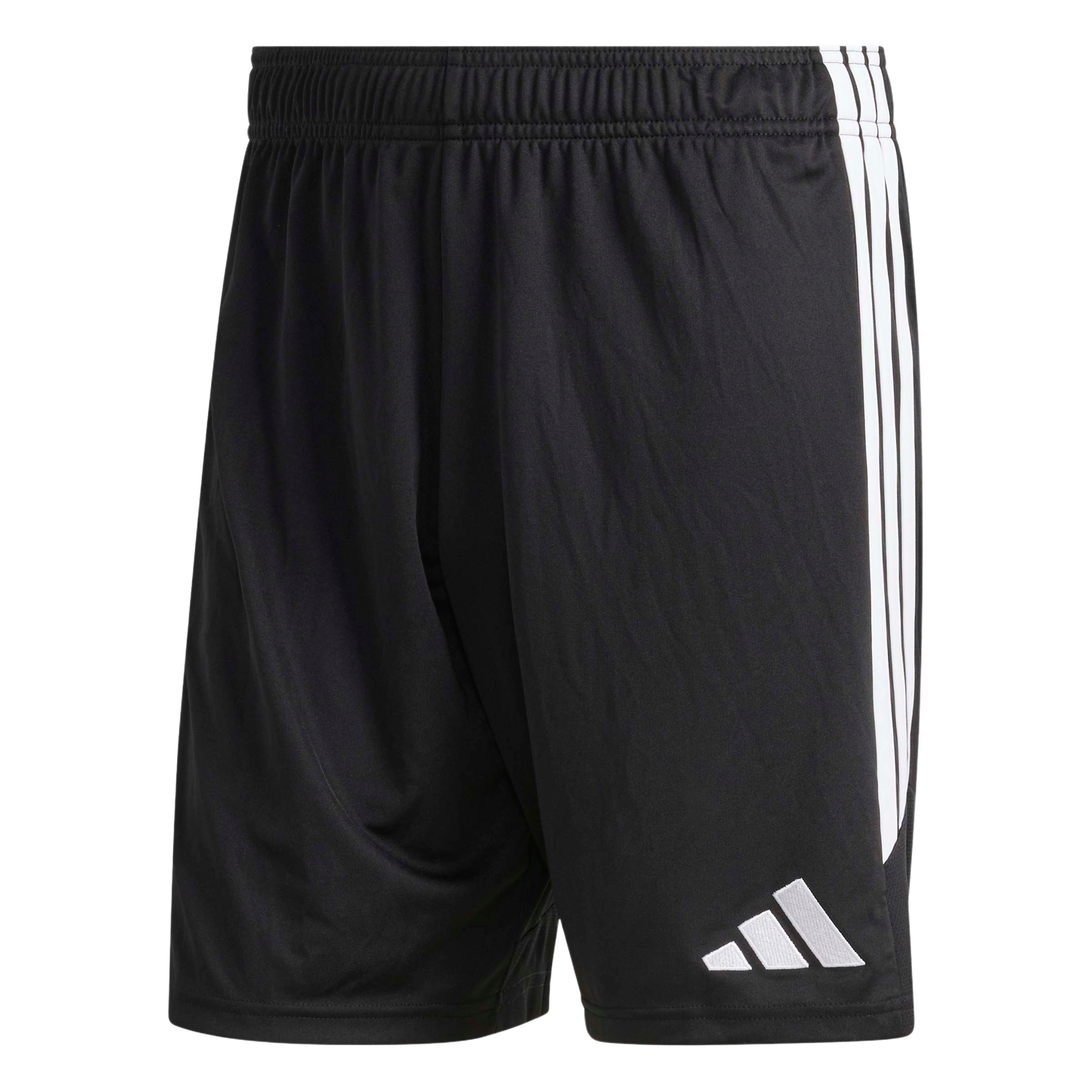 Black Adidas athletic shorts with three white stripes on the side and a white logo on the front left hem.
