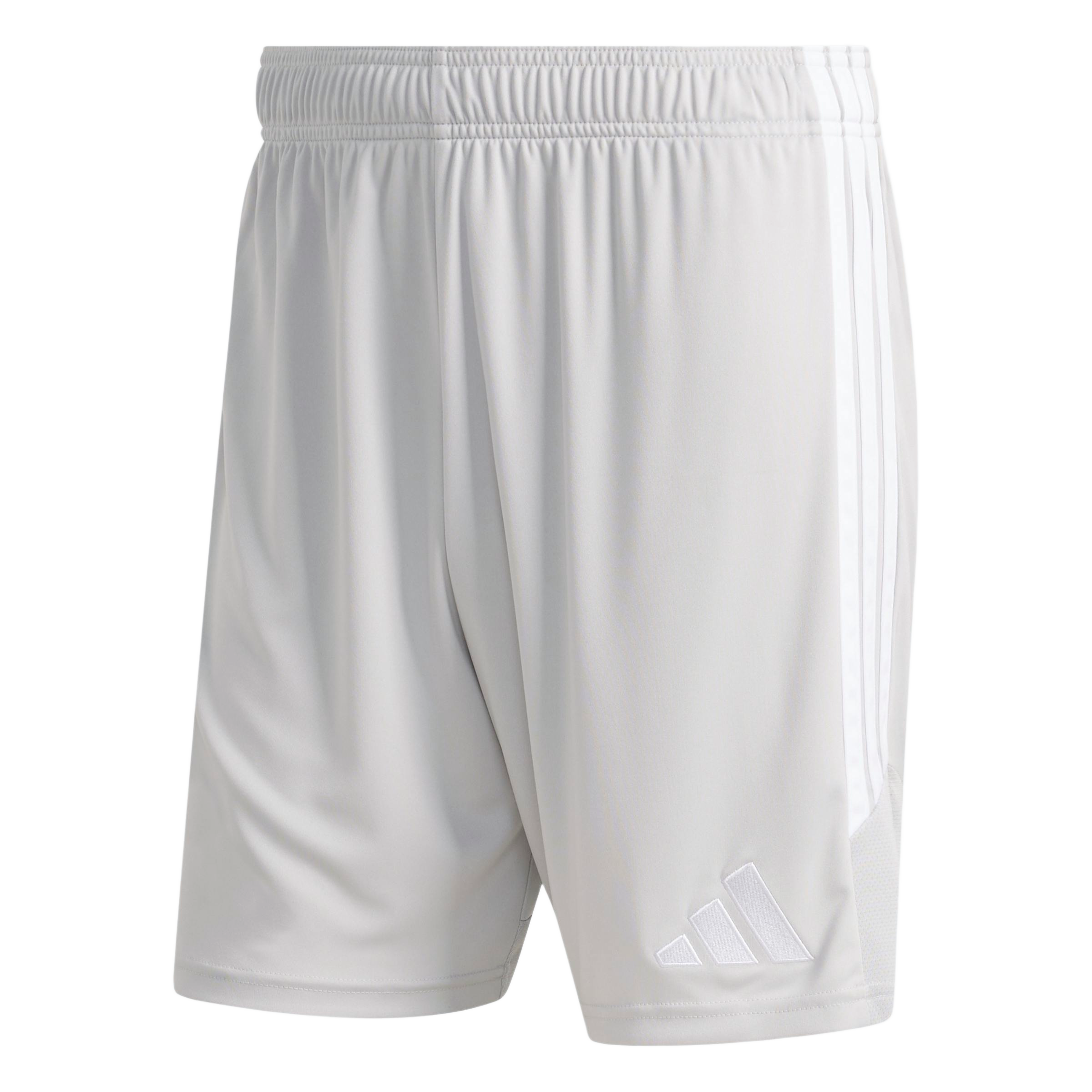 A pair of white Adidas athletic shorts featuring an elastic waistband, three vertical stripes down the side, and an embroidered logo near the bottom hem.