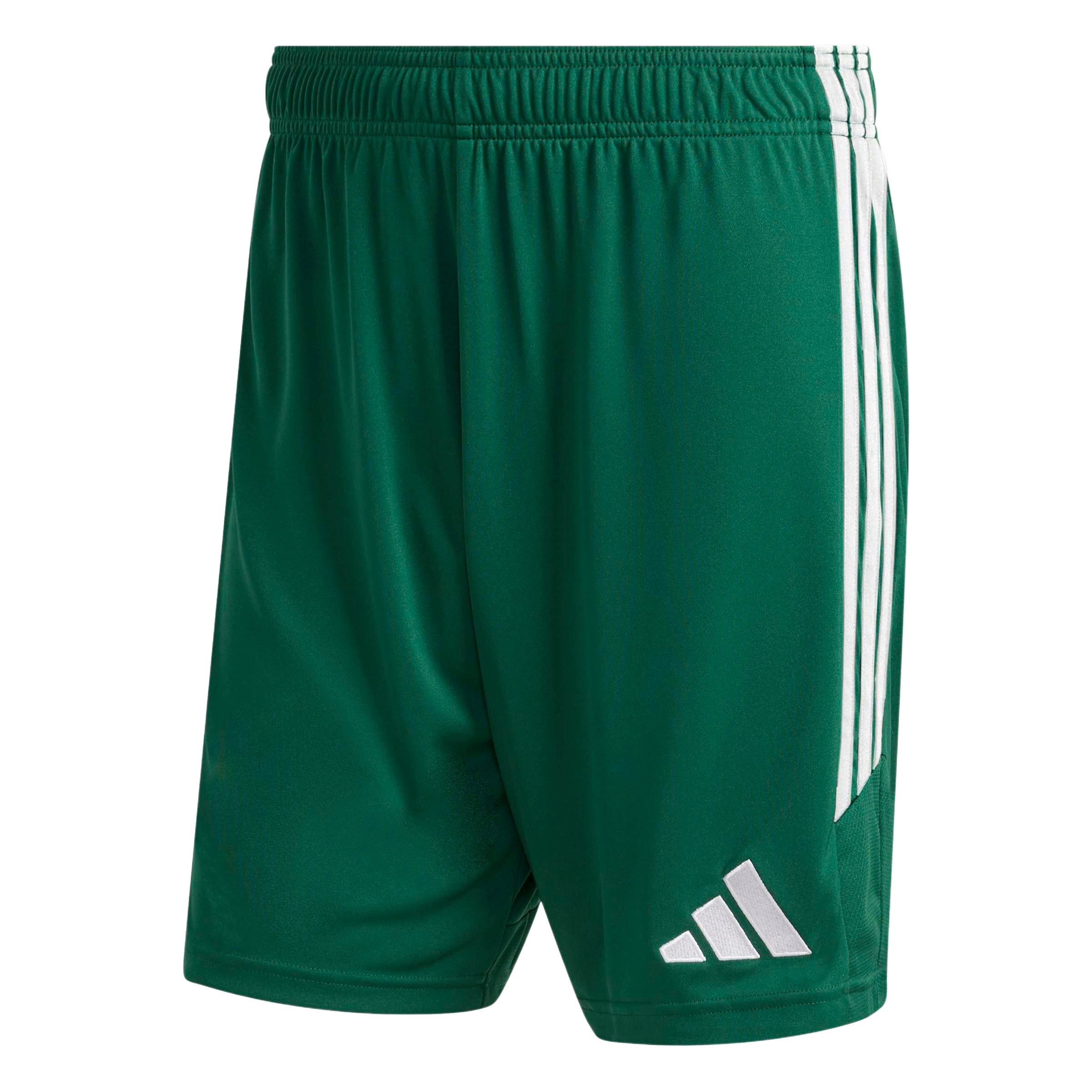 A pair of green athletic shorts featuring three white stripes along the sides and a white Adidas logo on the lower left leg.