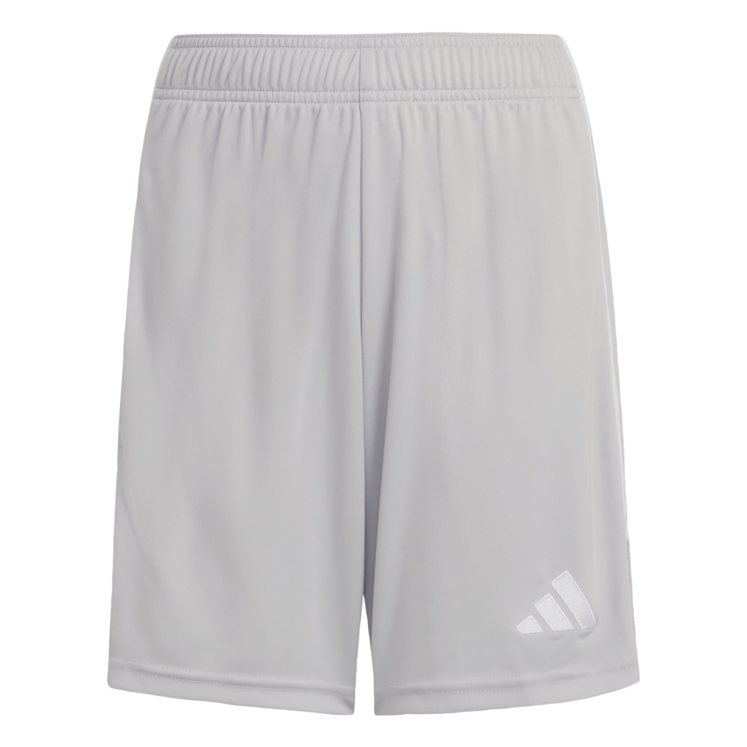 Light gray Adidas athletic shorts with an elastic waistband and a white Adidas logo on the lower leg.