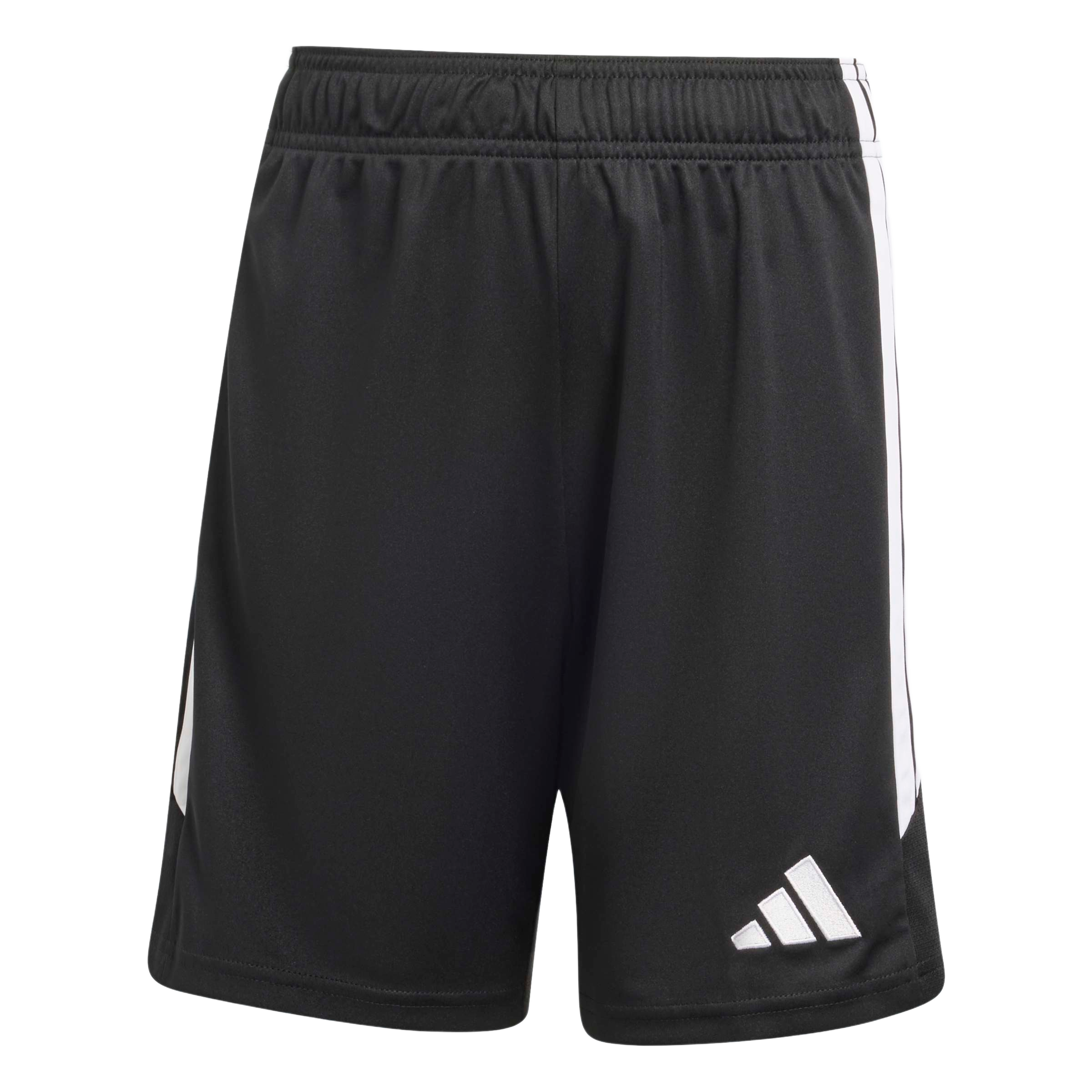 Black Adidas athletic shorts with white three-stripes on the sides and a white three-bar logo on the lower right leg.