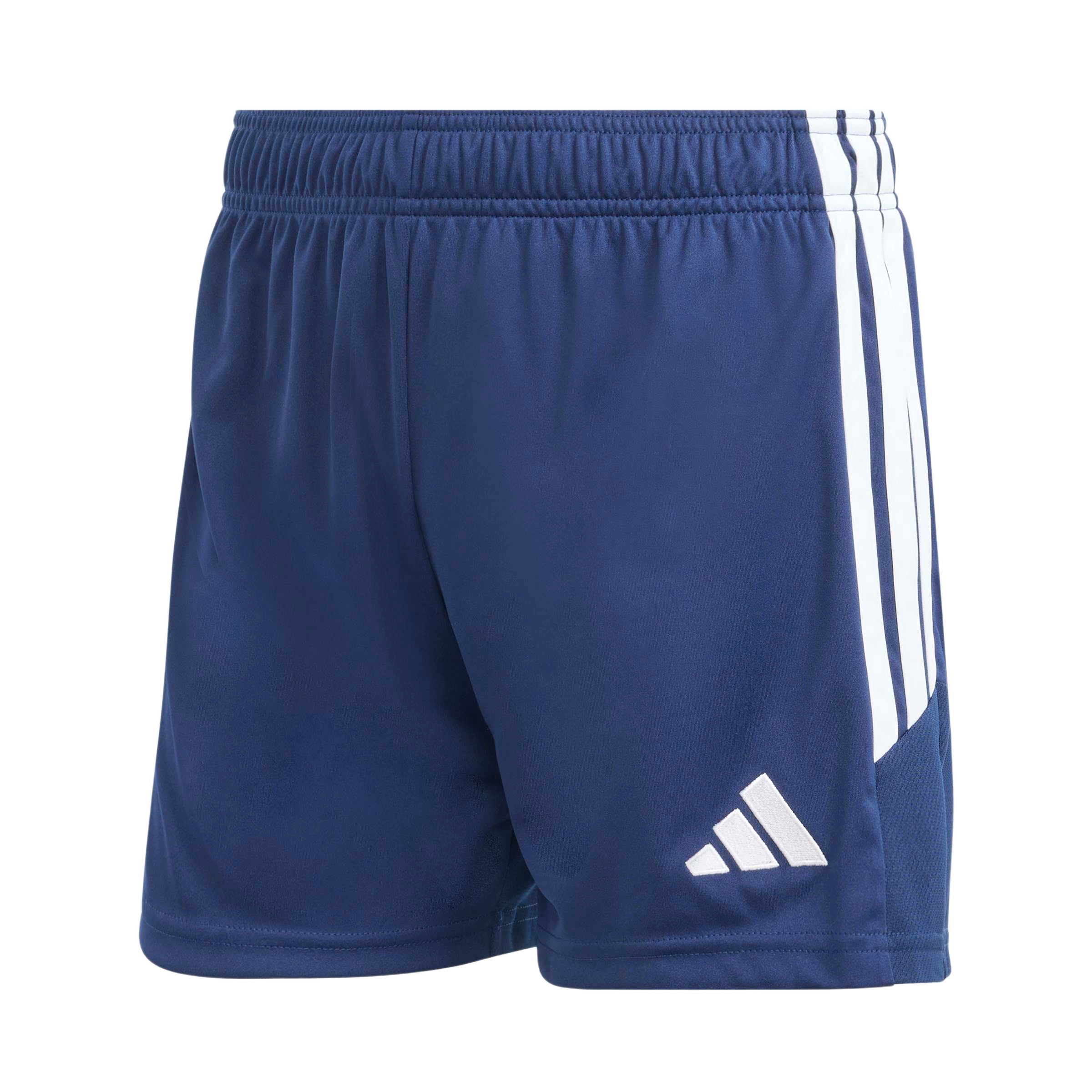 Navy blue Adidas athletic shorts with an elastic waistband, three white stripes on the side, and a white Adidas logo on the lower front leg.