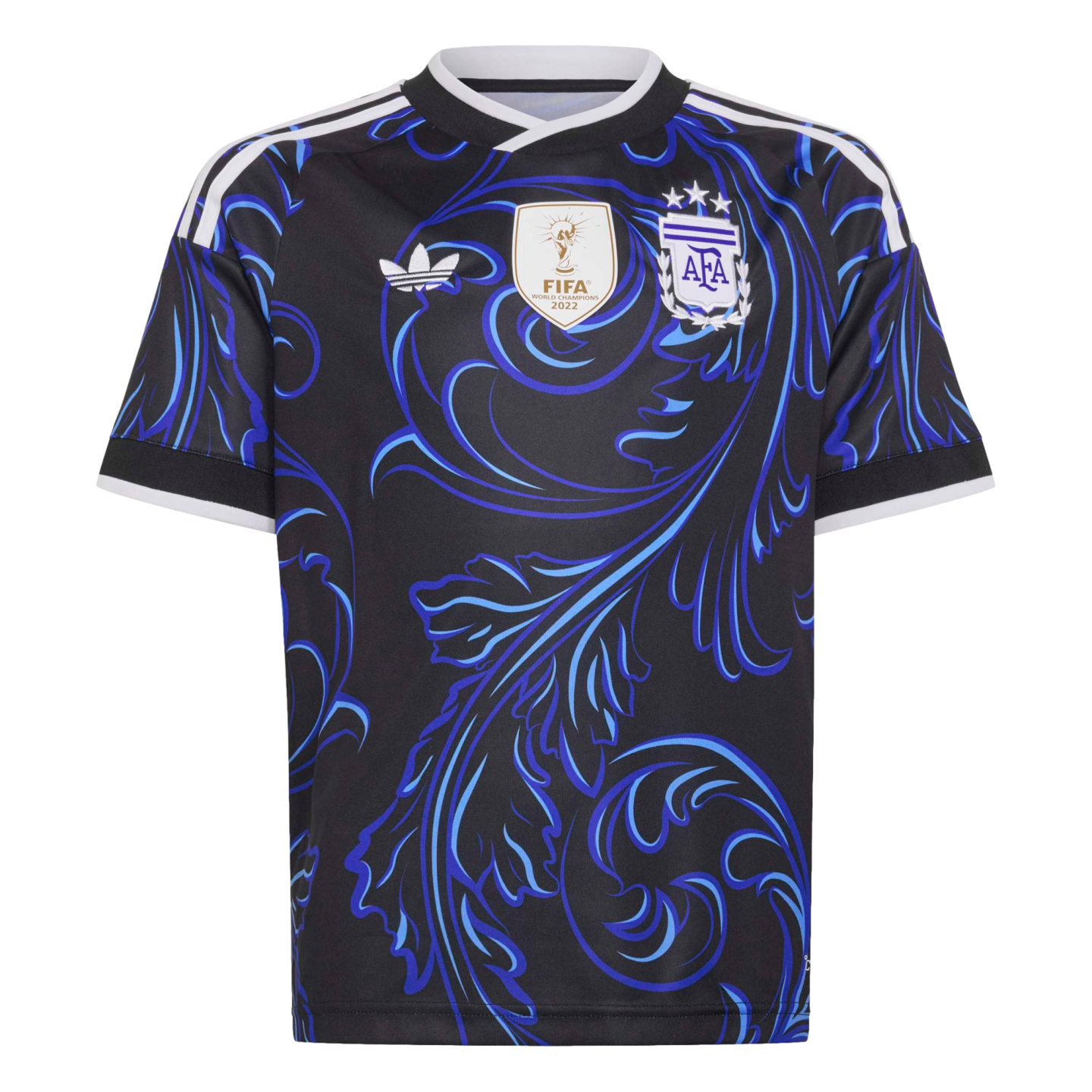 Black Argentina soccer jersey with blue filigree patterns. Includes the Adidas logo, central FIFA 2022 World Champions badge, and AFA crest with three stars.