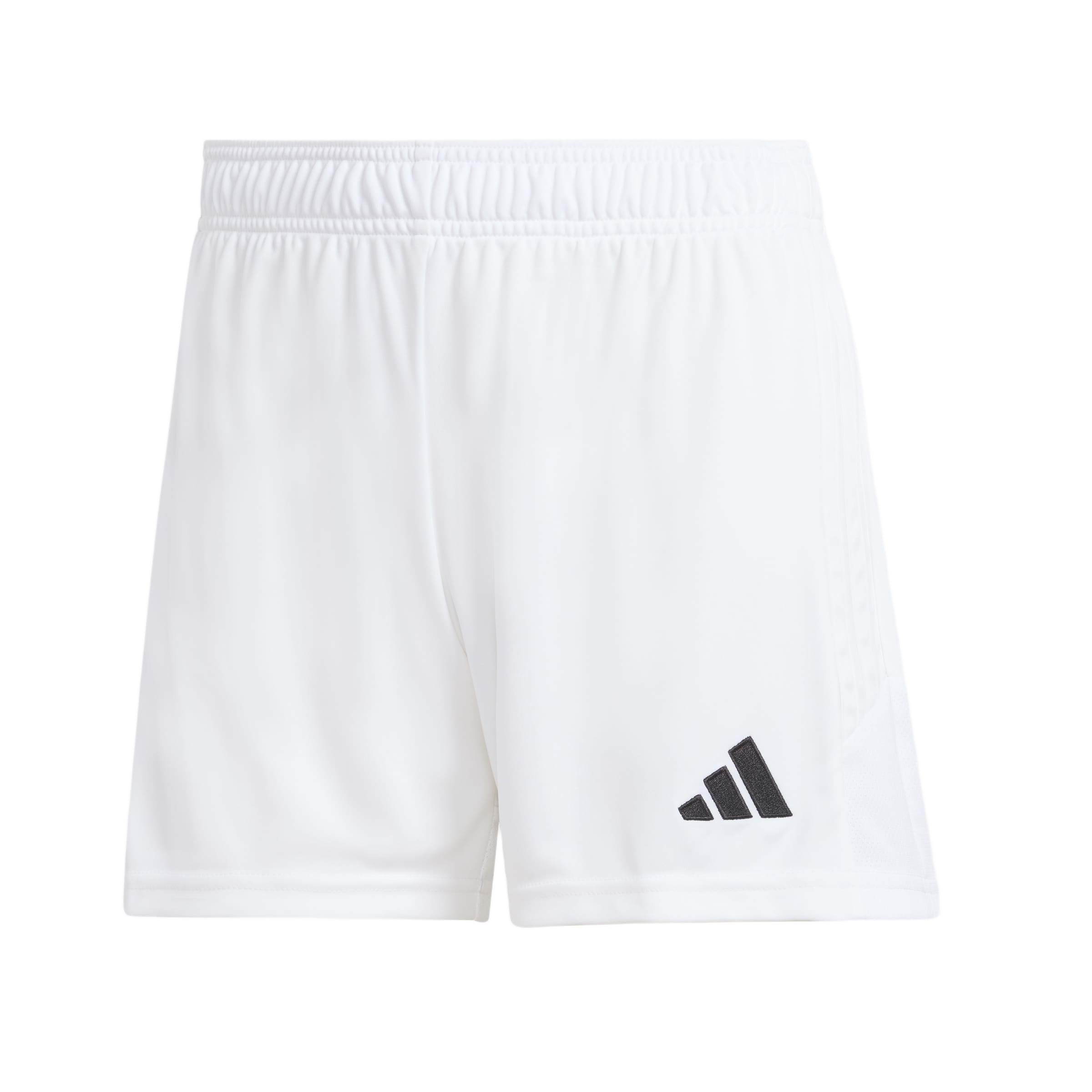 A pair of white athletic shorts featuring an elastic waistband and a black Adidas logo on the lower left leg.